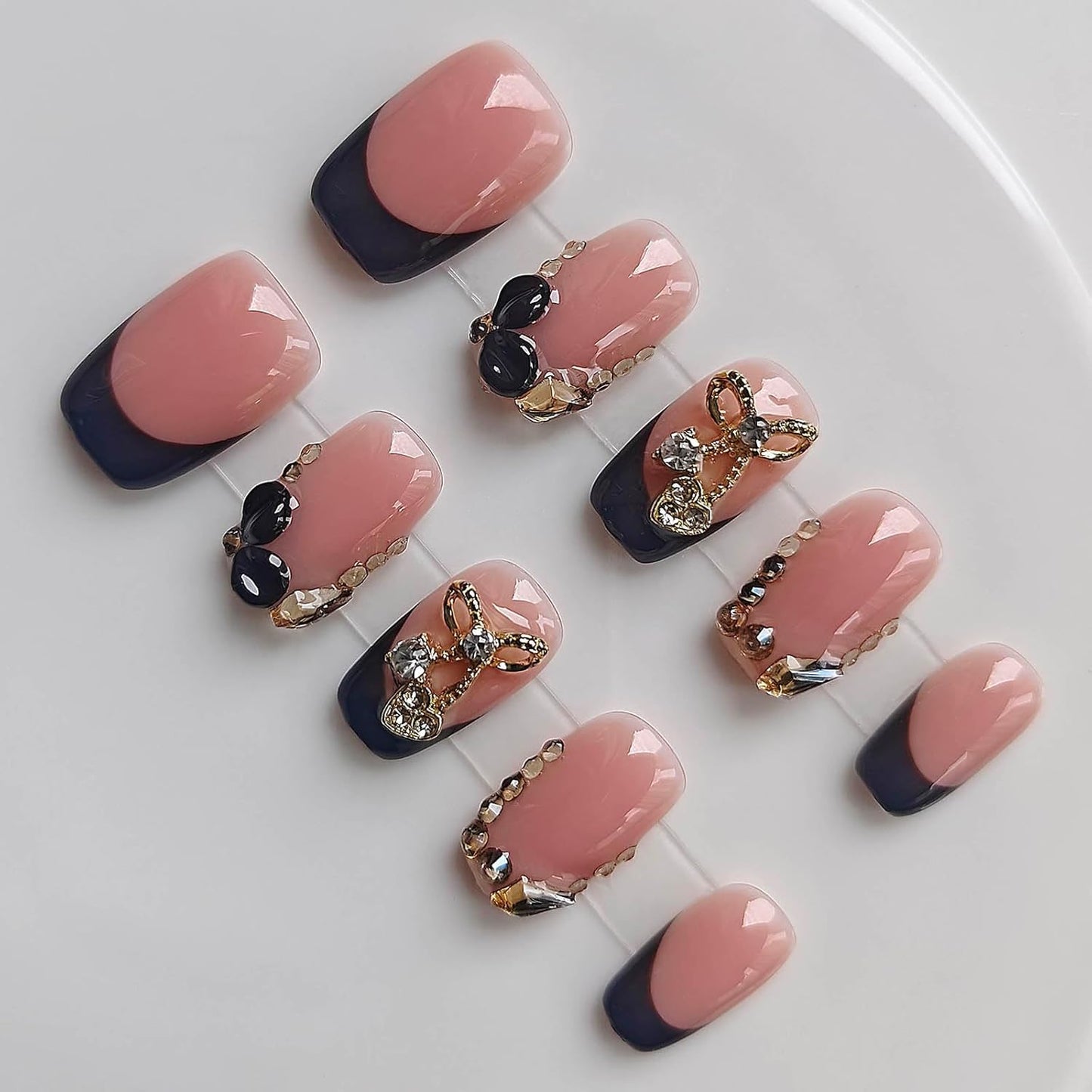 Pink Press On Nails - Handmade Short Square Style | M Size Daily Wear Y2K Cute French Design with Polka Dot & 3D Flowers - 10 Pcs
