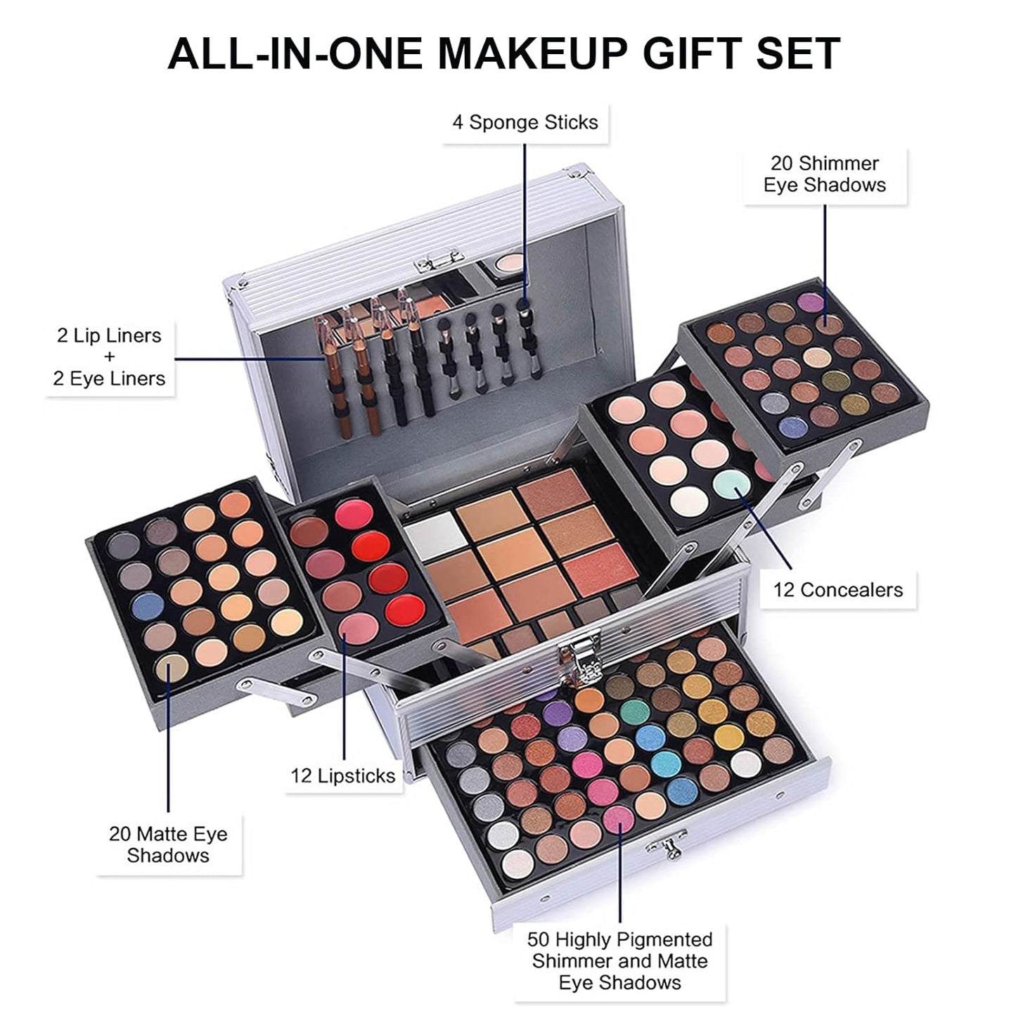 132 Color All-In-One Makeup Kit for Women - Professional Gift Set with Eyeshadow, Lipstick, Concealer & More | Silver
