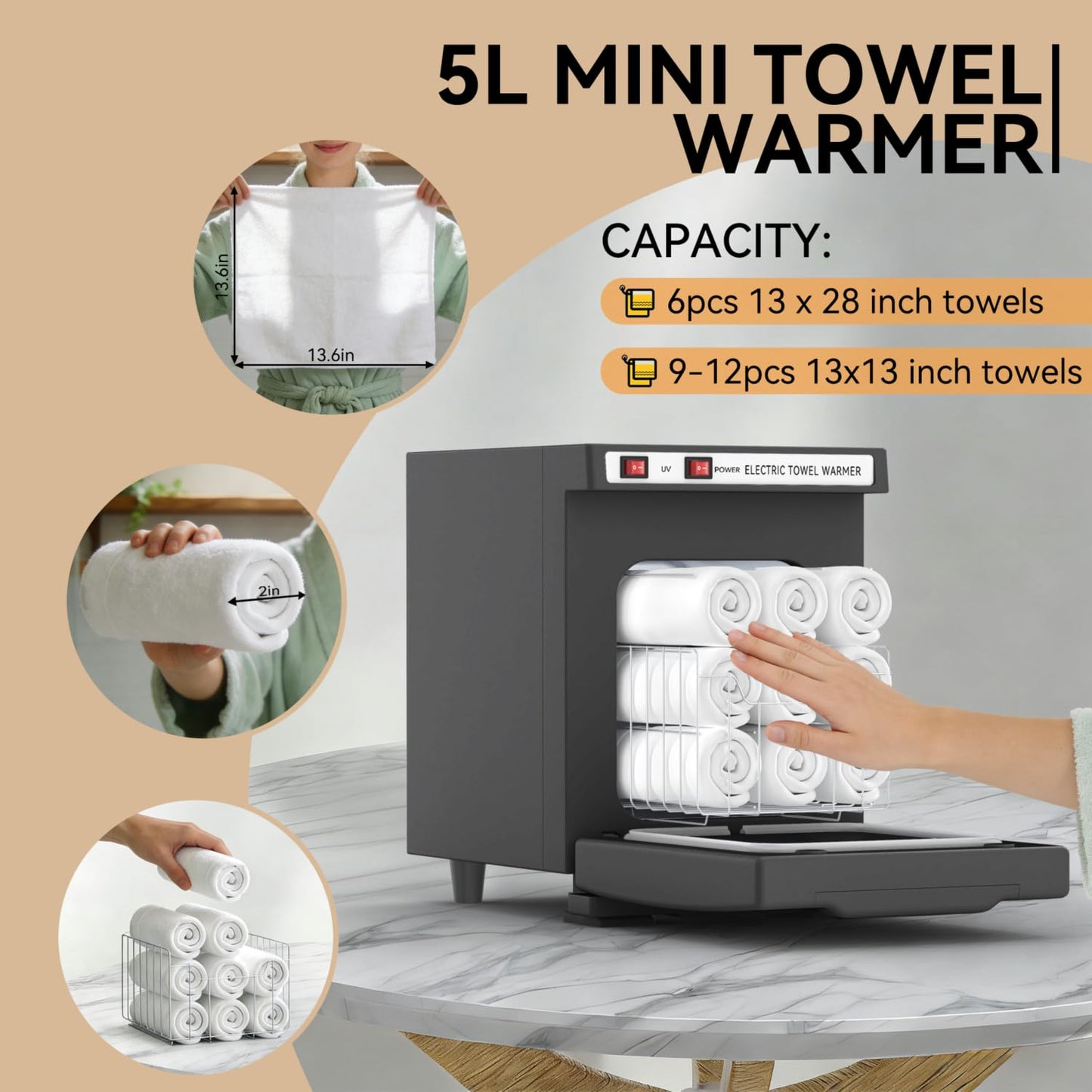 Towel Warmer 5L - 2-in-1 Mini Hot Towel Warmer for Spa & Home | Fits 10-15 Towels, Black
