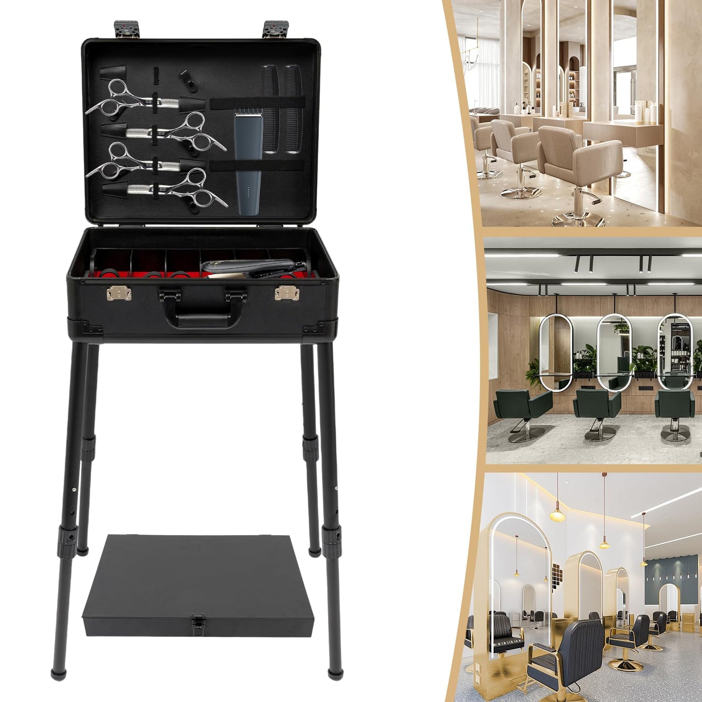 XUFOPLY Mobile Barber Station, Professional Barber Toolbox Floorstanding Barber Carrying Case with 18.11-31.5in Adjustable Height Legs & TSA Lock for Barbershop, Hair Salon (Black)