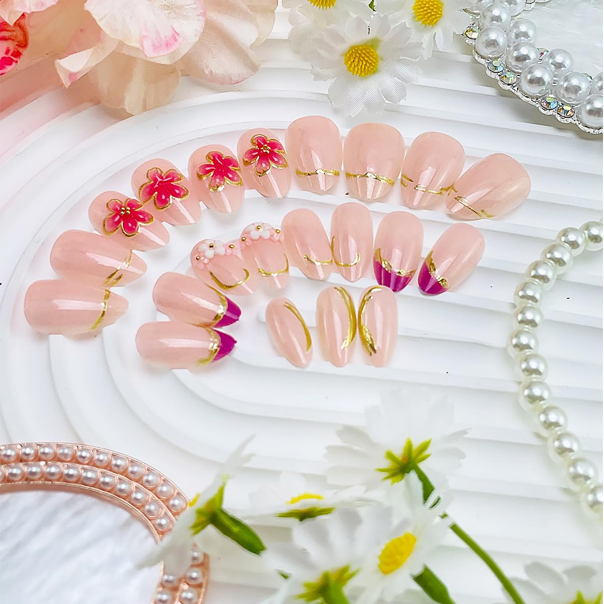 Flower Press On Nails - 24Pcs Short Almond Acrylic Set with 3D Pearl Floral & Gold Chrome Design | Glossy Pink Full Cover