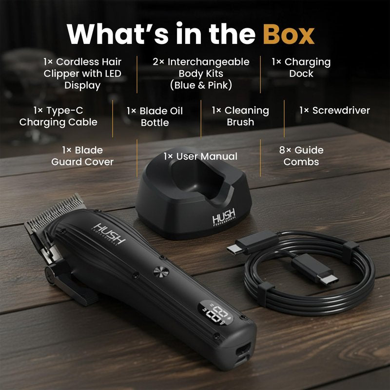 HUSH PROFESSIONAL Cordless Hair Clipper for Men - Hair Buzzer Cordless Clipper Set, Barbers Tools, Men's Grooming Professional Set with LED Display