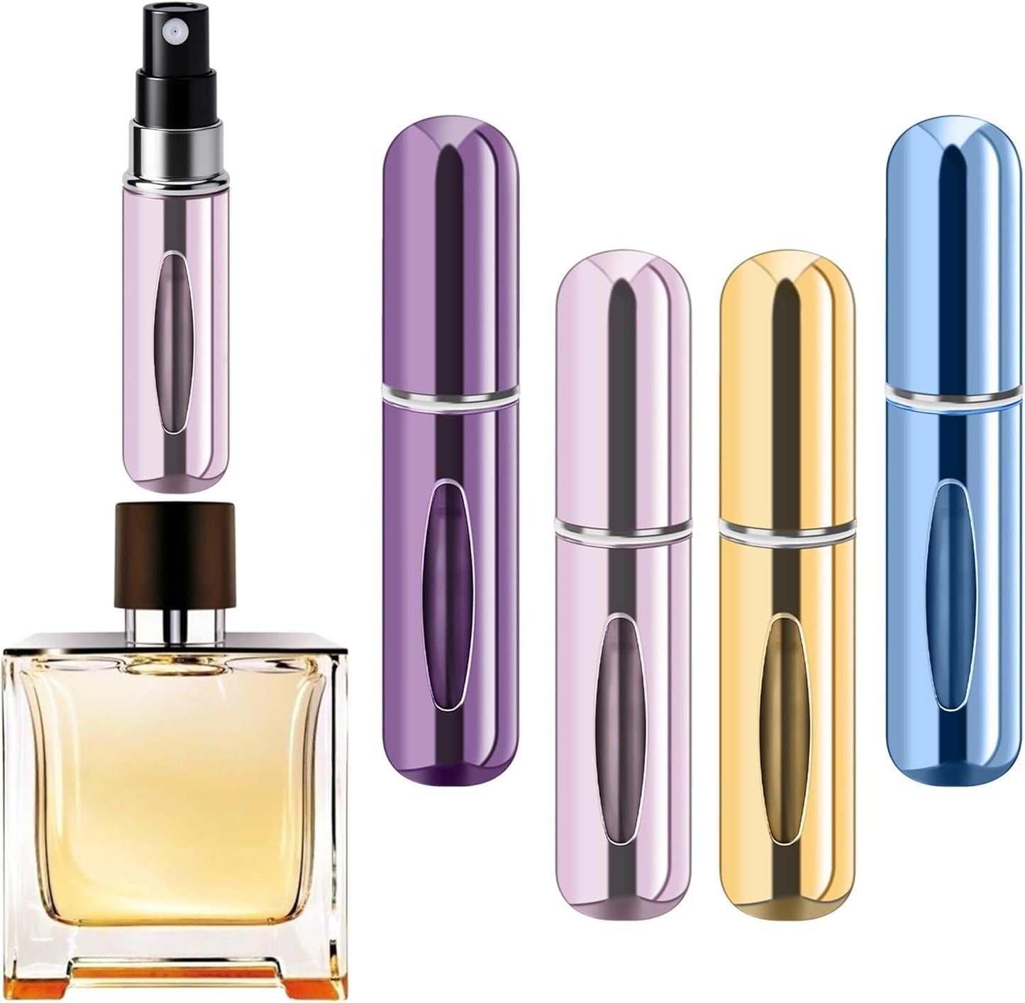Refillable Perfume Atomizer Bottle - Portable Travel Spray, 5ml | 4 Pack in Silver, Purple, Blue, Gold, Pink, Black