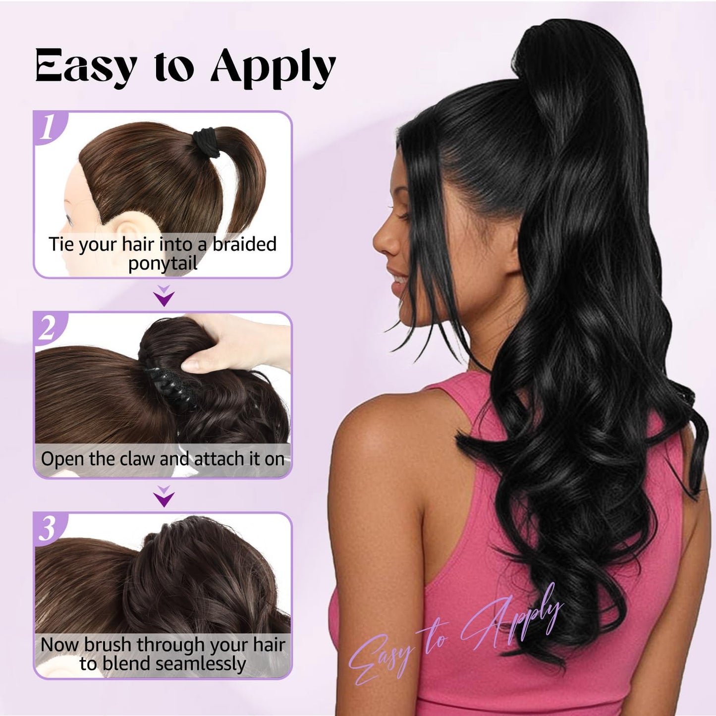 Ponytail Extension - 24" Claw Clip Synthetic Hairpiece | Long Curly Wavy Ponytail for Women - Black