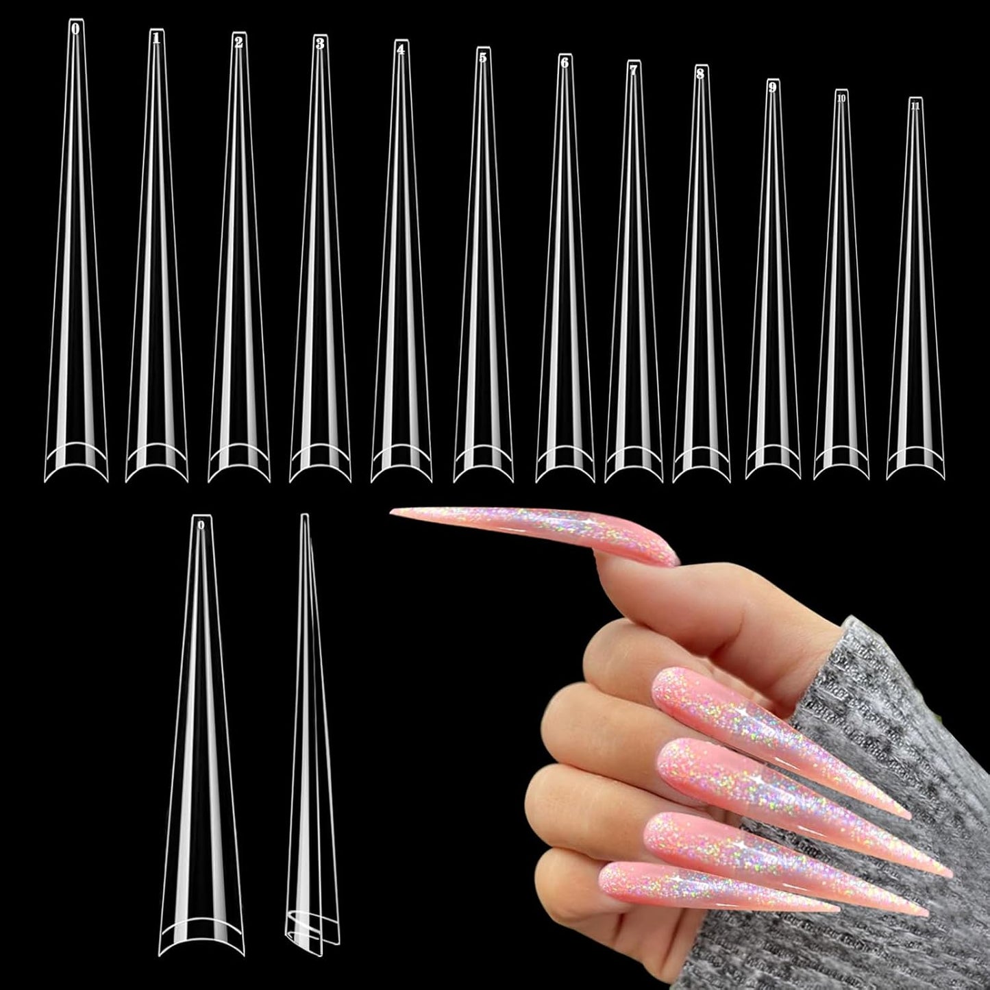 Stiletto Nail Tips - 600PCS XXXL Extra Long Full Cover for Acrylic Nails | 12 Sizes Clear Flattened Fake Nails