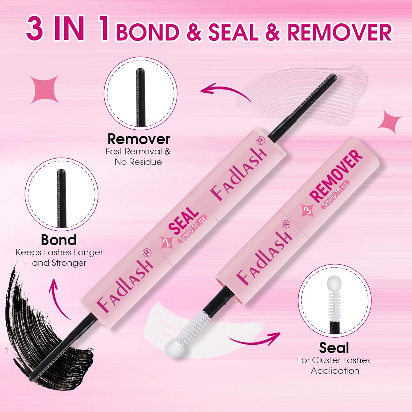 FADLASH 3 in 1 Lash Bond & Seal Remover Set - Gentle Formula for Cluster Lashes | 72-Hour Hold