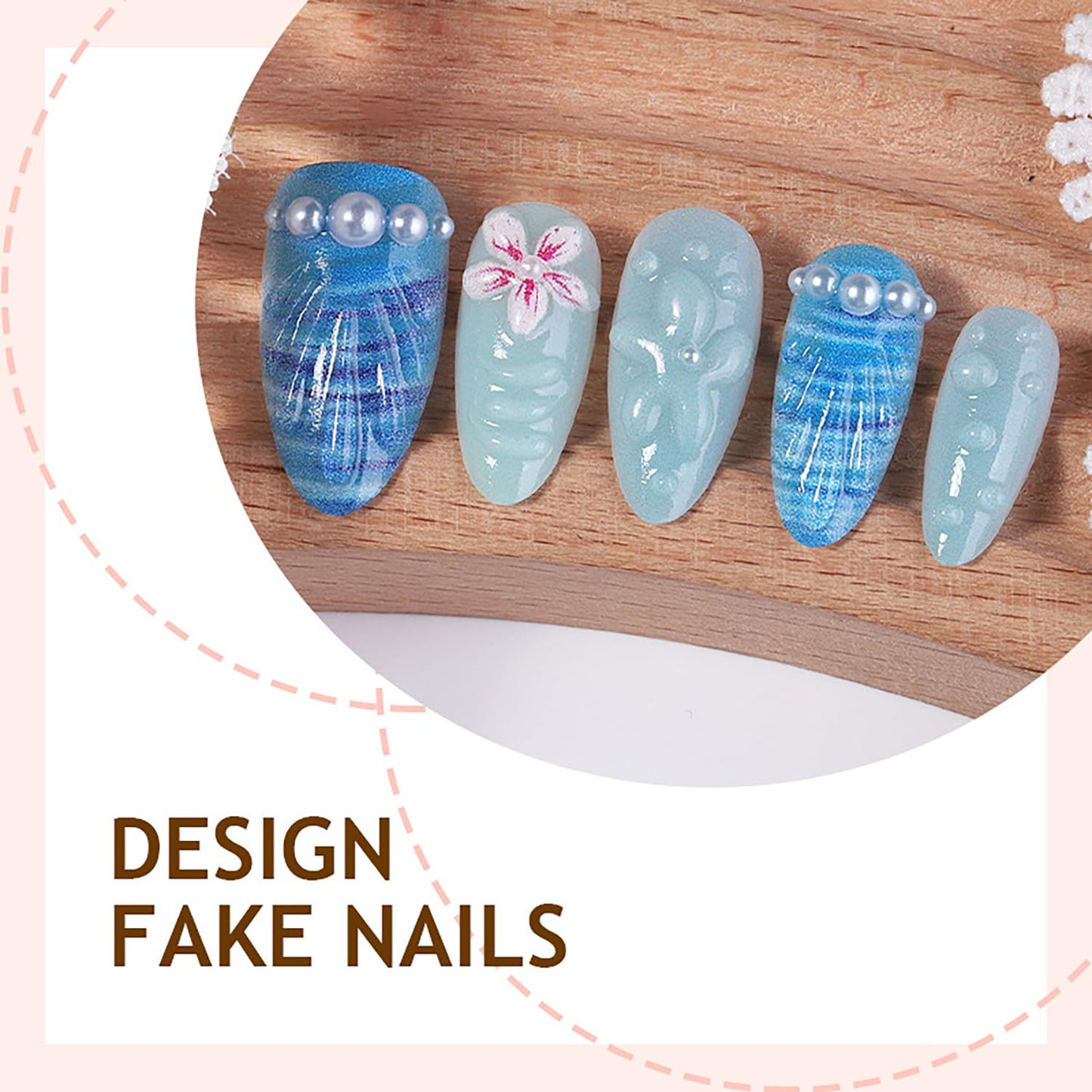 30pcs Summer Ocean Beach Press on Nails Medium Almond Fake Nails with 3D Flower Pearl Design Cute Floral False Nails Blue Ocean Artificial Nails Full Cover Stick on Nails for Women Nail Decorations