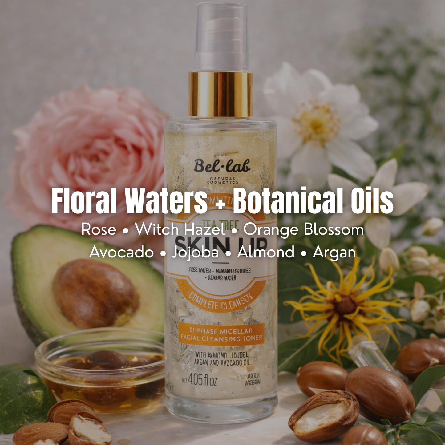 Bel Lab Skin Up Tea Tree Micellar Water Toner – Bi-Phase Facial Cleanser & Makeup Remover with Rose Water, Witch Hazel & Argan Oil – Sensitive Skin – Vegan – 4.05 fl oz