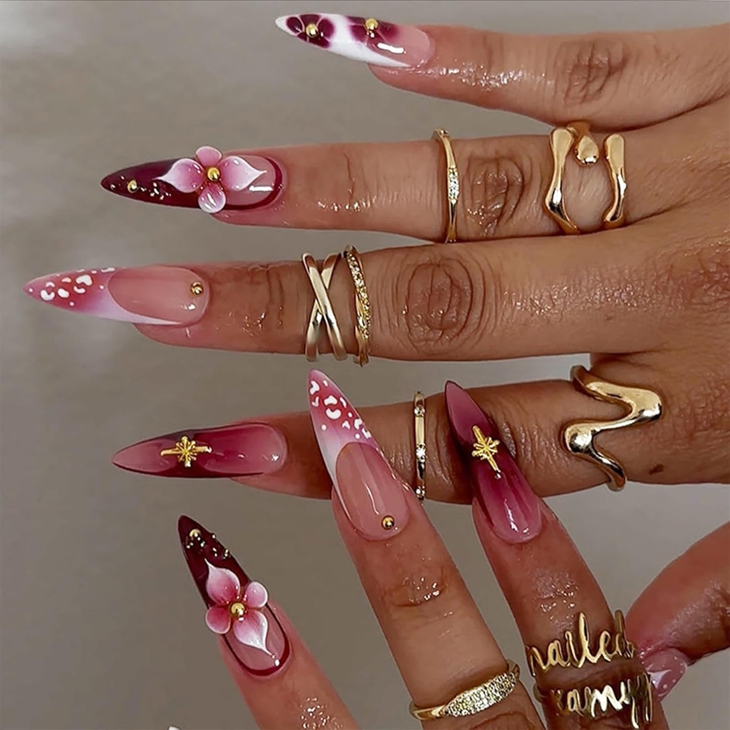 3D Blueberry Flower Press-On Nails - Medium Almond Shape with Pearl & Gold Beads | Reusable Glossy Blue French Tips for Summer Parties
