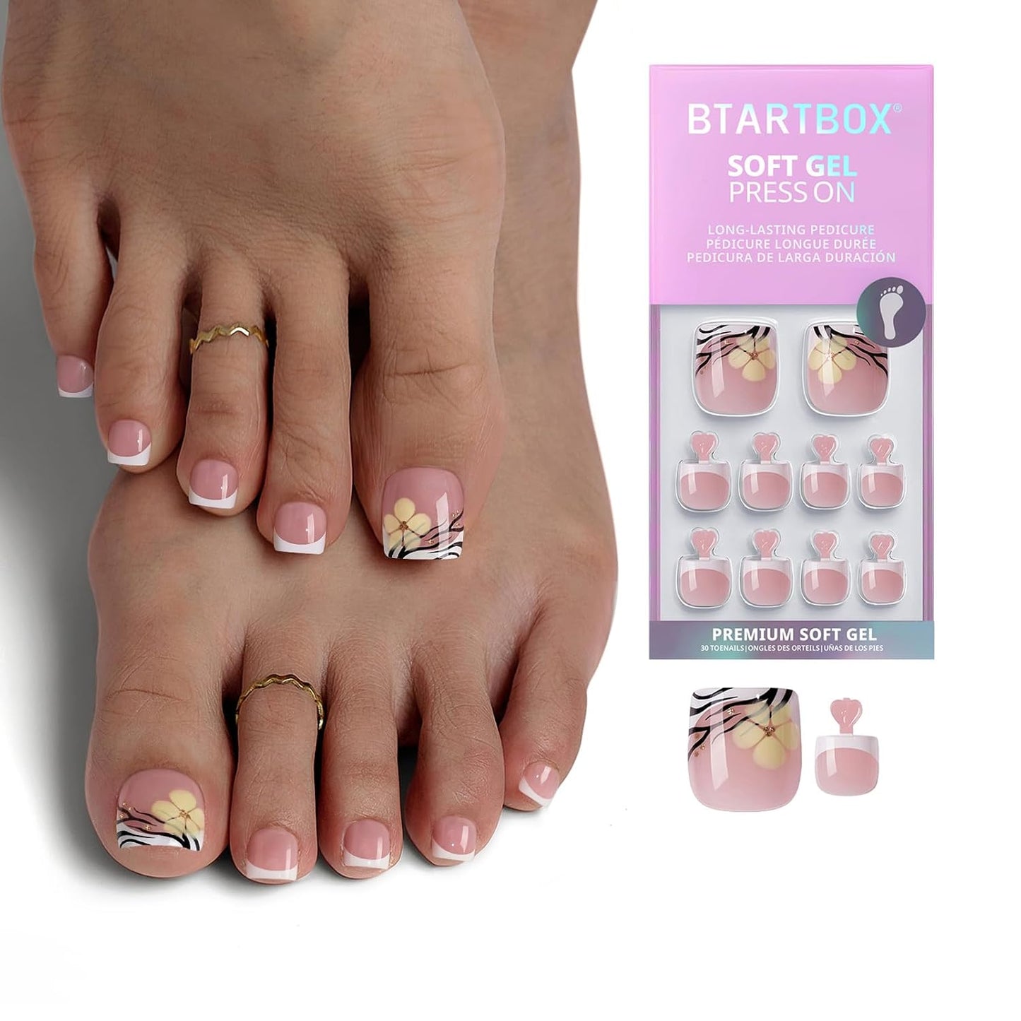 French Tip Press On Nails - Isle Plumeria | Easy-Apply Flower Short Square Design, 32 Nails in 16 Sizes