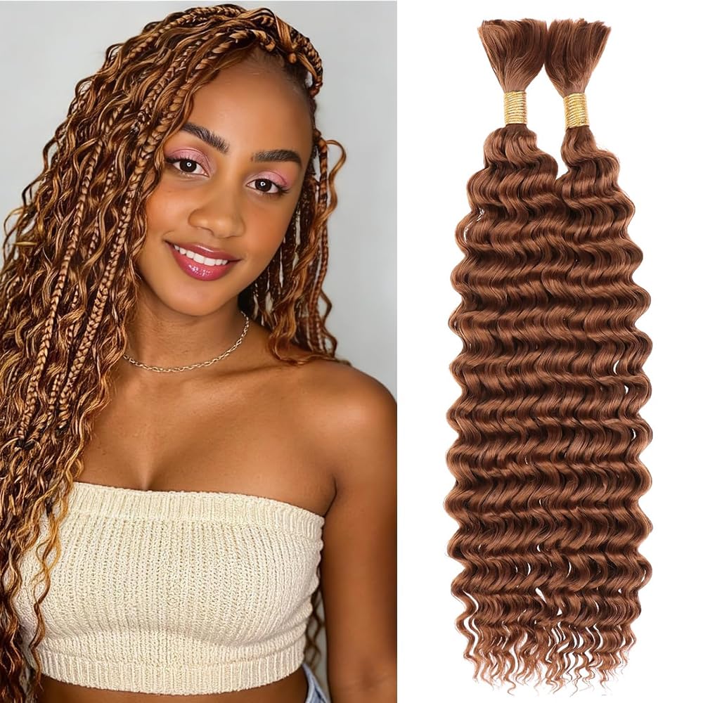 Brown Human Braiding Hair for Boho Braids 22 22 Inch 2 Bundles Deep Wave Boho Hair for Braiding Brown Human Hair Bulk for Black Women #30