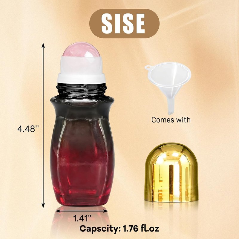 Rose Quartz Roller Bottles - 50ml Refillable Amber Glass for Essential Oils | Leak-Proof Travel Perfume with Gold Caps