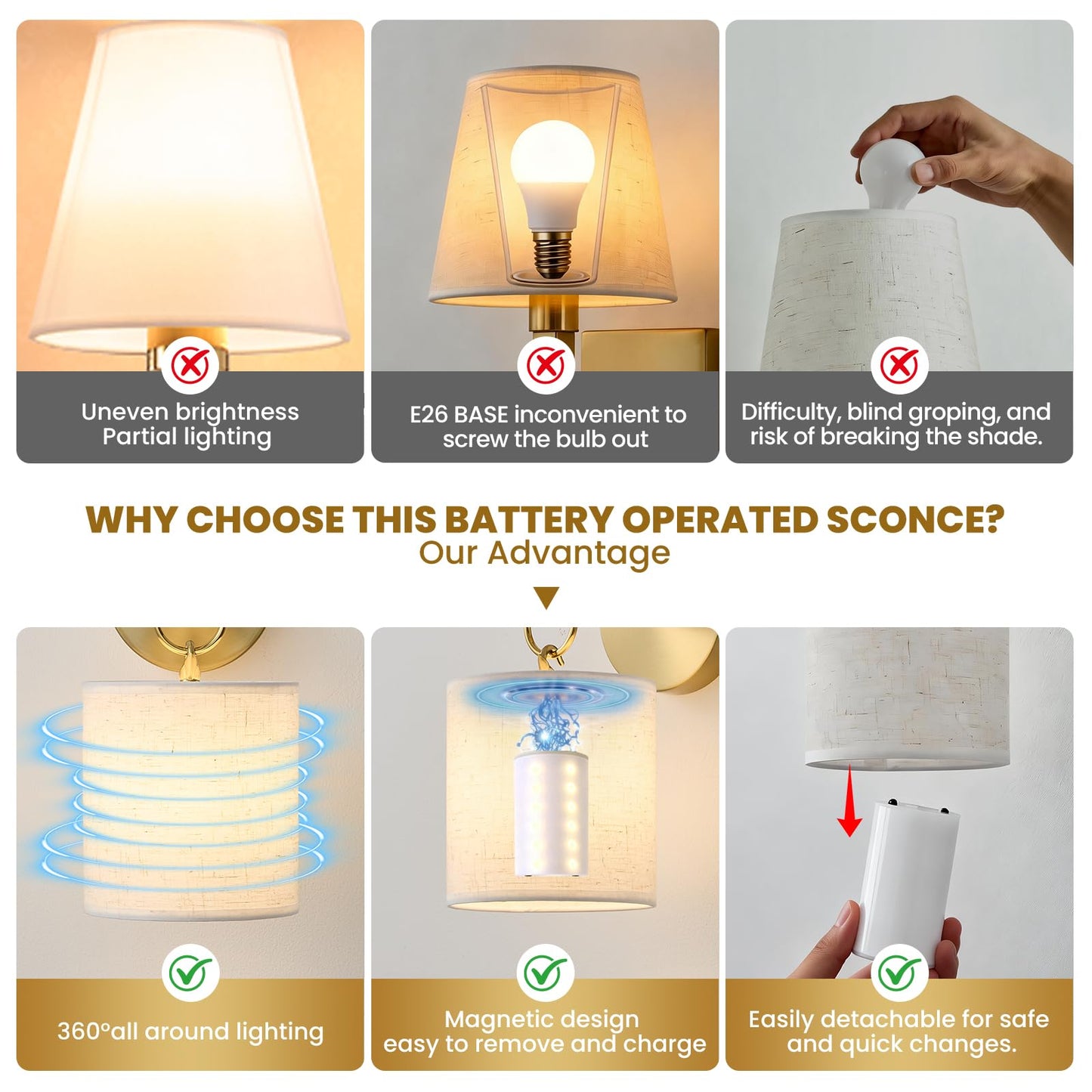 Detachable Wall Sconces Battery Operated With Hanging Hook,10000mah Battery Operated Wireless Wall Sconces Set of Two,12 RGB Gold Sconce With Remote,Renter Friendly Wall Lamps for Living Room,Bedroom