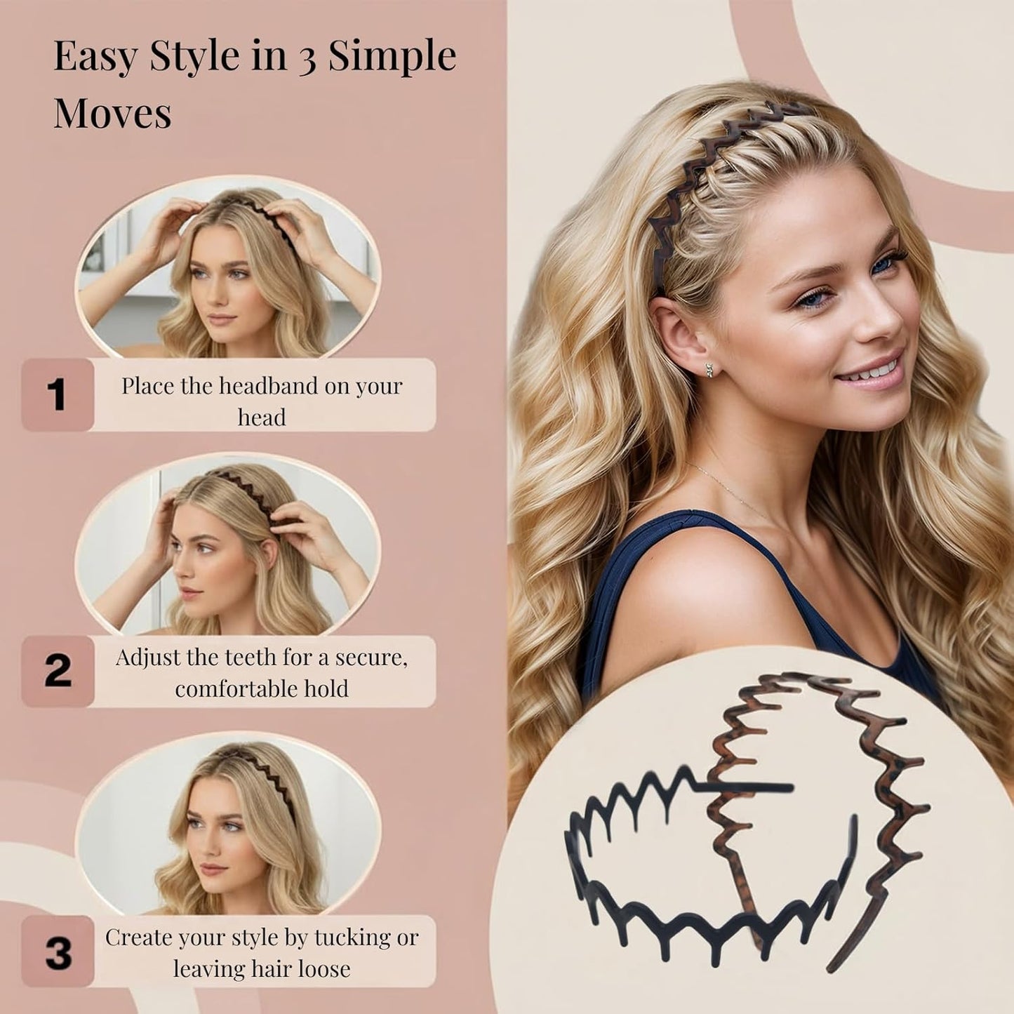 Zig Zag Headbands - Non-Slip Wavy Hair Accessories for Women & Men | 2pcs Matte Black