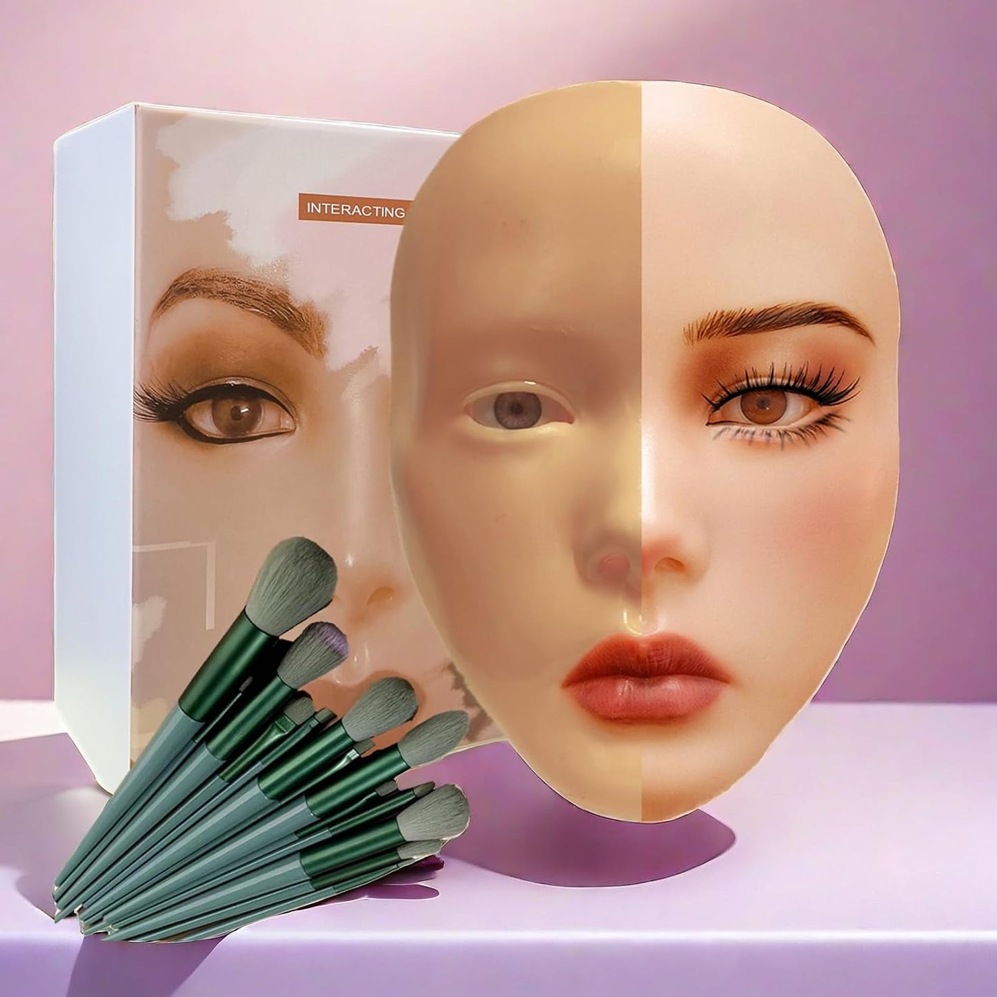 3D Makeup Practice Face - Reusable Silicone Mannequin Head with Stand & Brush Set | Ideal for Emerging Makeup Artists