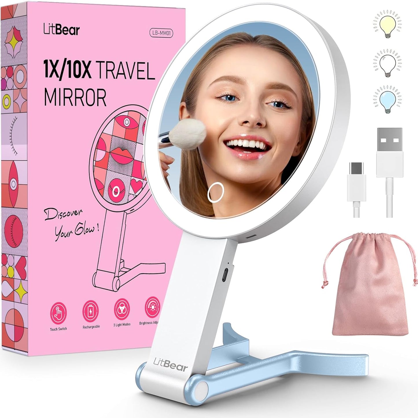 Travel Makeup Mirror with Lights - Rechargeable Double-Sided 10X/1X Magnifying | Portable Dimmable Touch Screen (Pink)