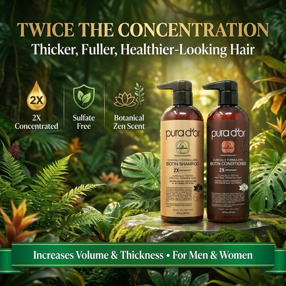 PURA D'OR Clinically Formulated Biotin Shampoo & Hair Regrowth Conditioner For Hair Thinning - 2X Concentrated Proprietary Thickening Blend For Women & Men, Sulfate Free, Botanical Zen Scent,16oz x2