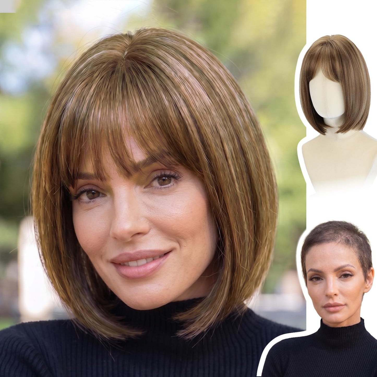 WIGYY Honey Brown Short Bob Wig with Bangs for White Women – 12 Inch Straight Lace Front Synthetic Wig, Glueless Heat-Resistant Protein Fiber, Realistic Lightweight Daily Party Wear