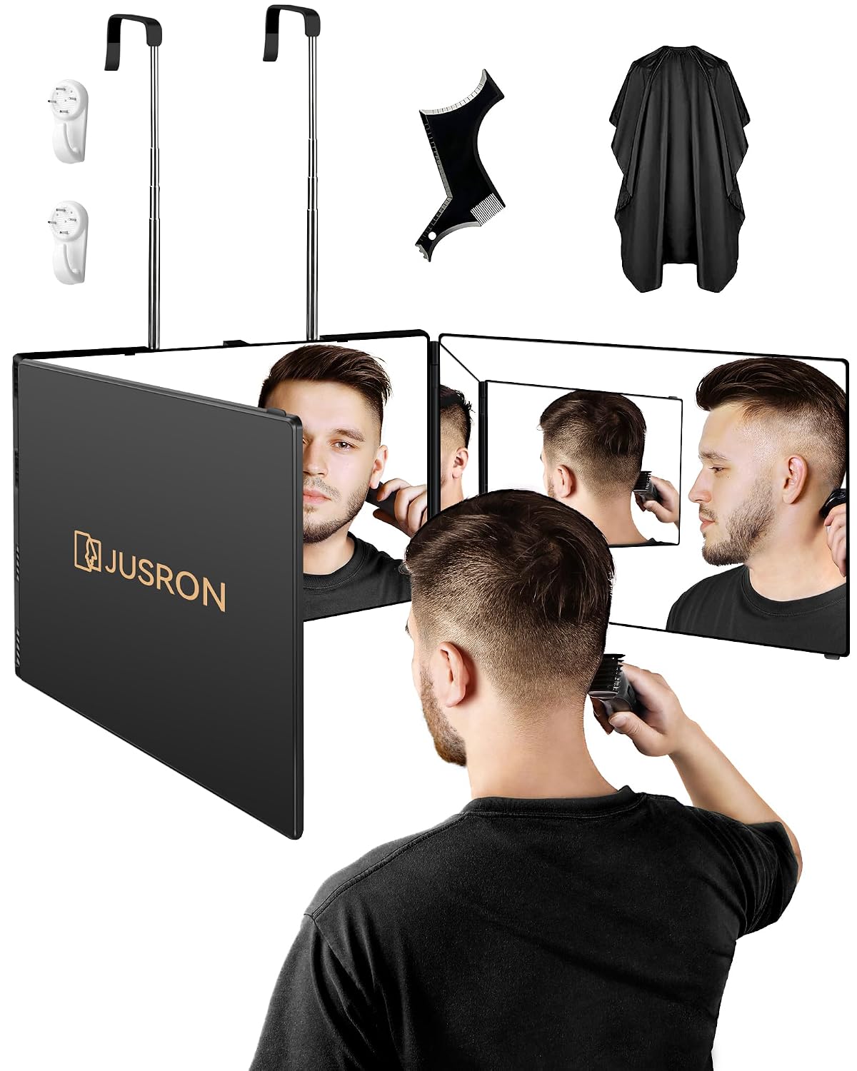 JUSRON 360-Degree Self Hair Cutting Mirror - Clear Anti-Fog HD Glass | Black, No LED or Accessories