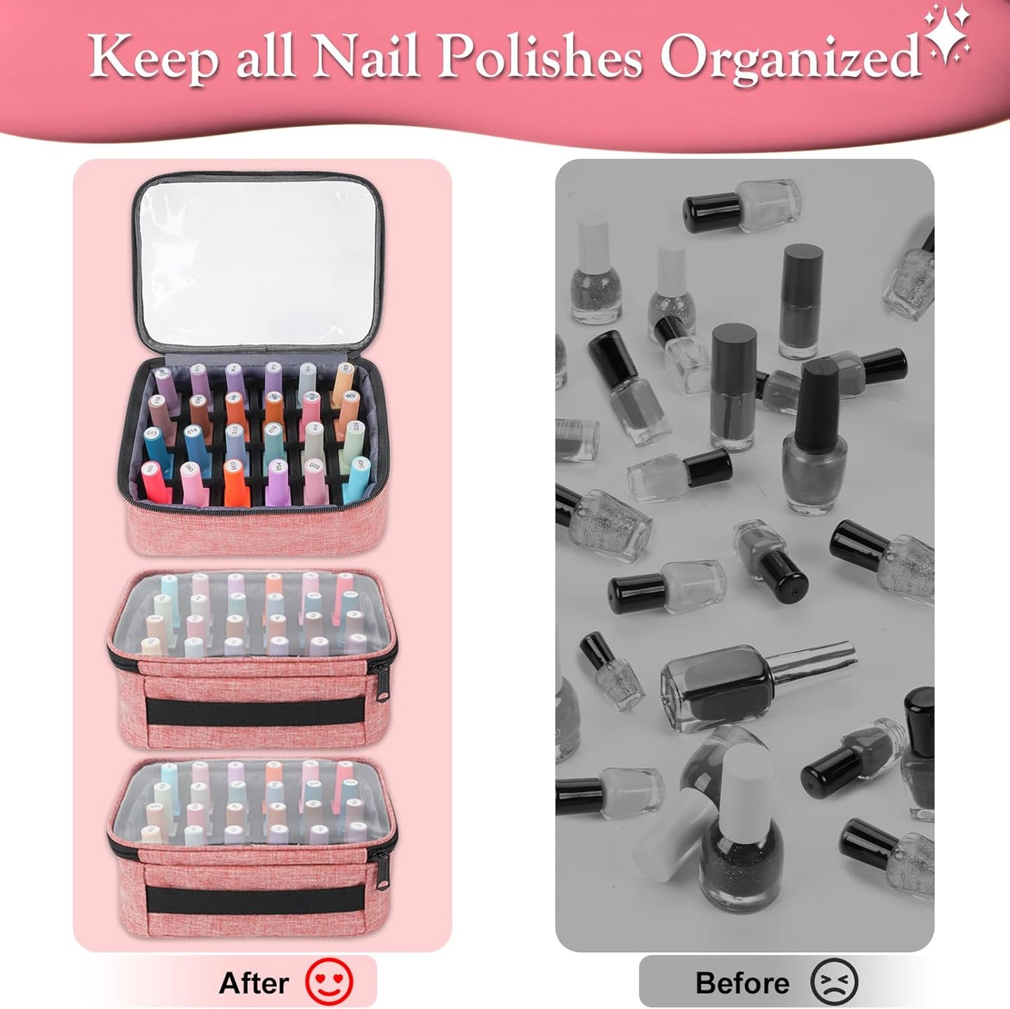 Nail Polish Organizer - Holds 72 Bottles | Large Carrying Case with 3 Removable Pouches & 4 Zippered Pockets for Manicure Tools