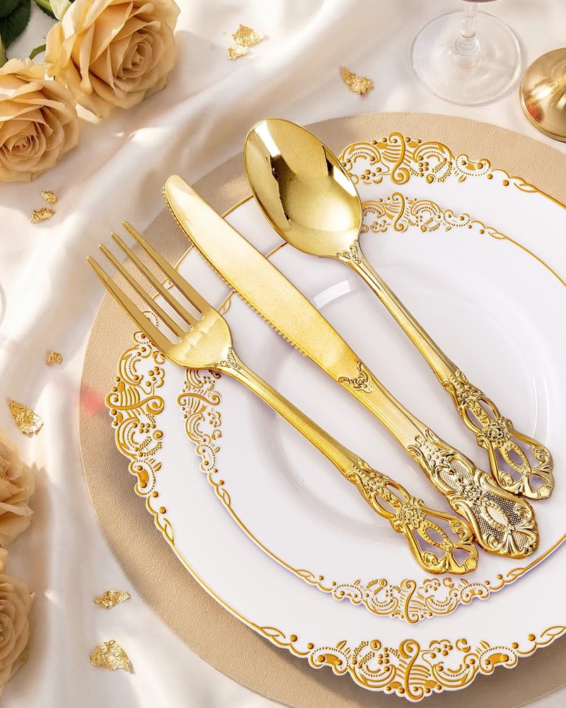 Ciaell 300PCS White and Gold Plastic Plates - Gold Disposable Dinnerware Sets for 50 Guests - 100 Plates, 50 Knives, 50 Forks, 50 Spoons, and 50 Napkins for Wedding, Anniversary, Party