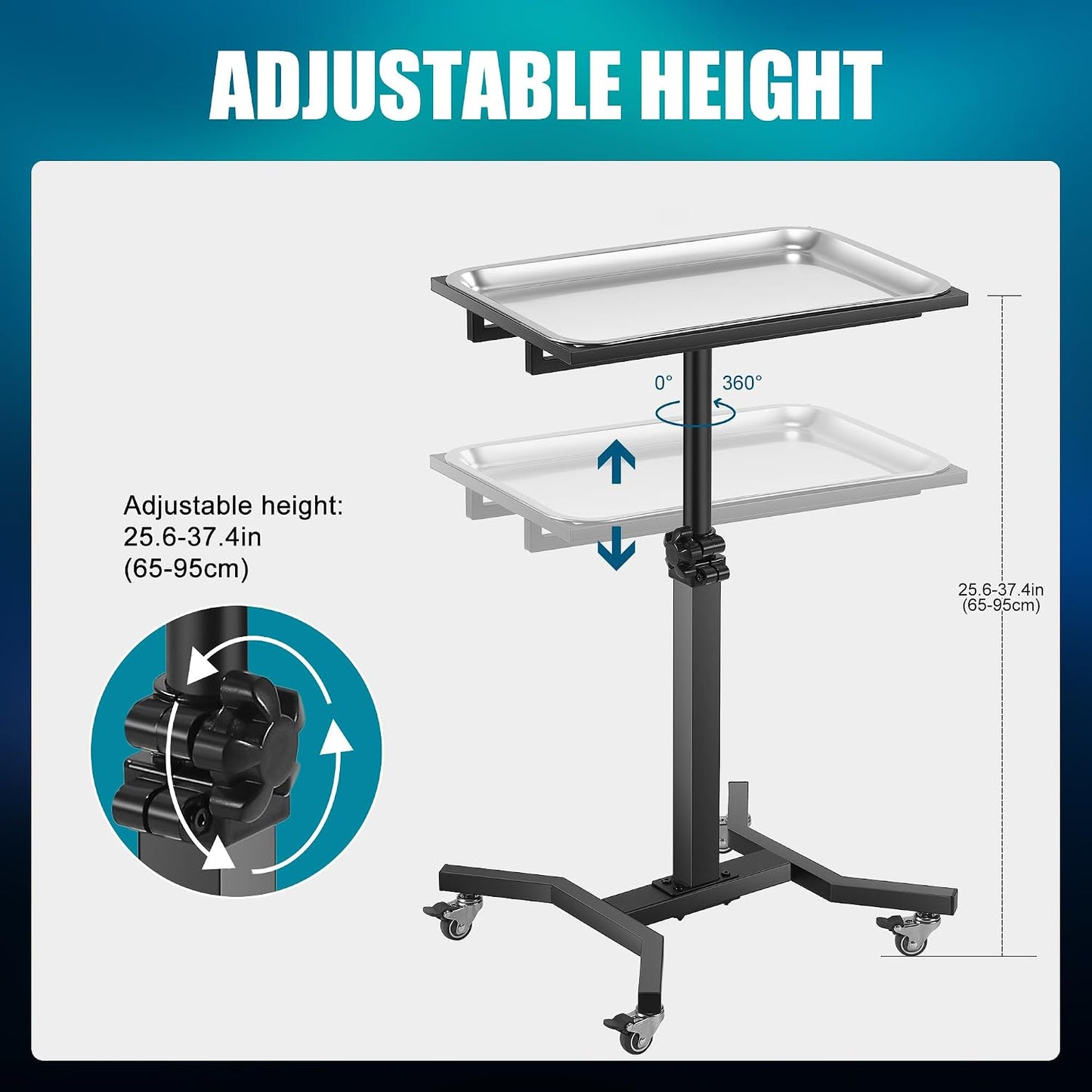 Adjustable Rolling Tattoo Tray Cart - Stainless Steel Workstation with Lockable Wheels | Mobile Trolley for Tattoo Studios & Barbershops