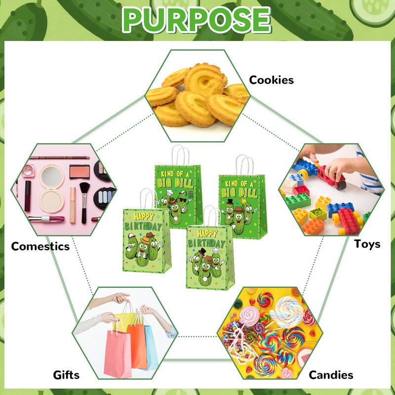 Pickle Party Favor Bags KIND OF A BIG DILL Paper Bags Big Cucumber HAPPY BIRTHDAY Gifts Bag Cute Cartoon Cucumber Wrapping Paper Funny Game Night Party Decorations for Adults Kids Birthday Supplies