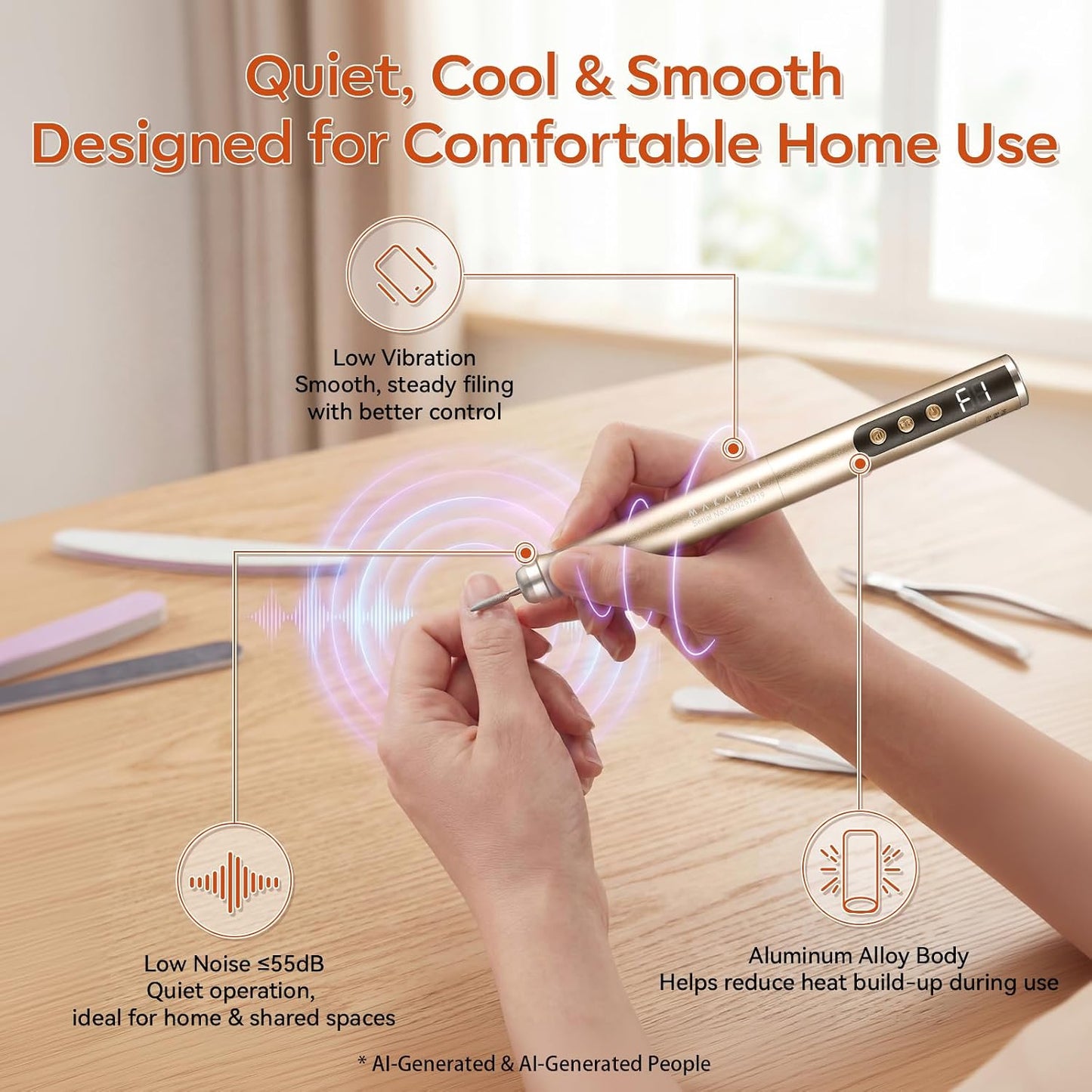 Rechargeable Nail Drill - 25,000 RPM Cordless Electric File with 5-Speed LED Display | Lightweight & Quiet E-File Kit for Gel Polish Removal (Gold)