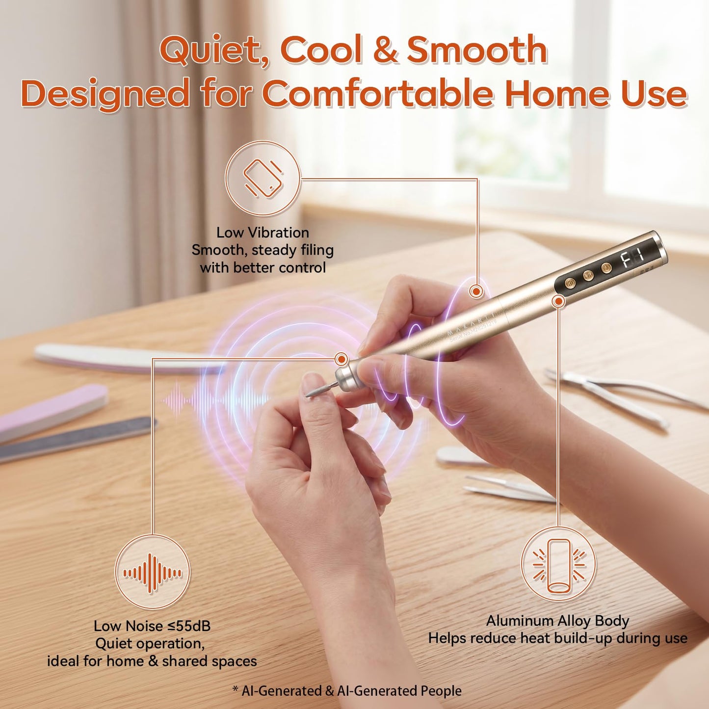 Makartt Pen-Shaped Rechargeable Nail Drill for Beginners: 25,000 RPM Cordless Electric Nail File with 5-Speed LED Display, Lightweight Quiet E File Kit for Gel Polish Removal, Home Travel Use(Gold)