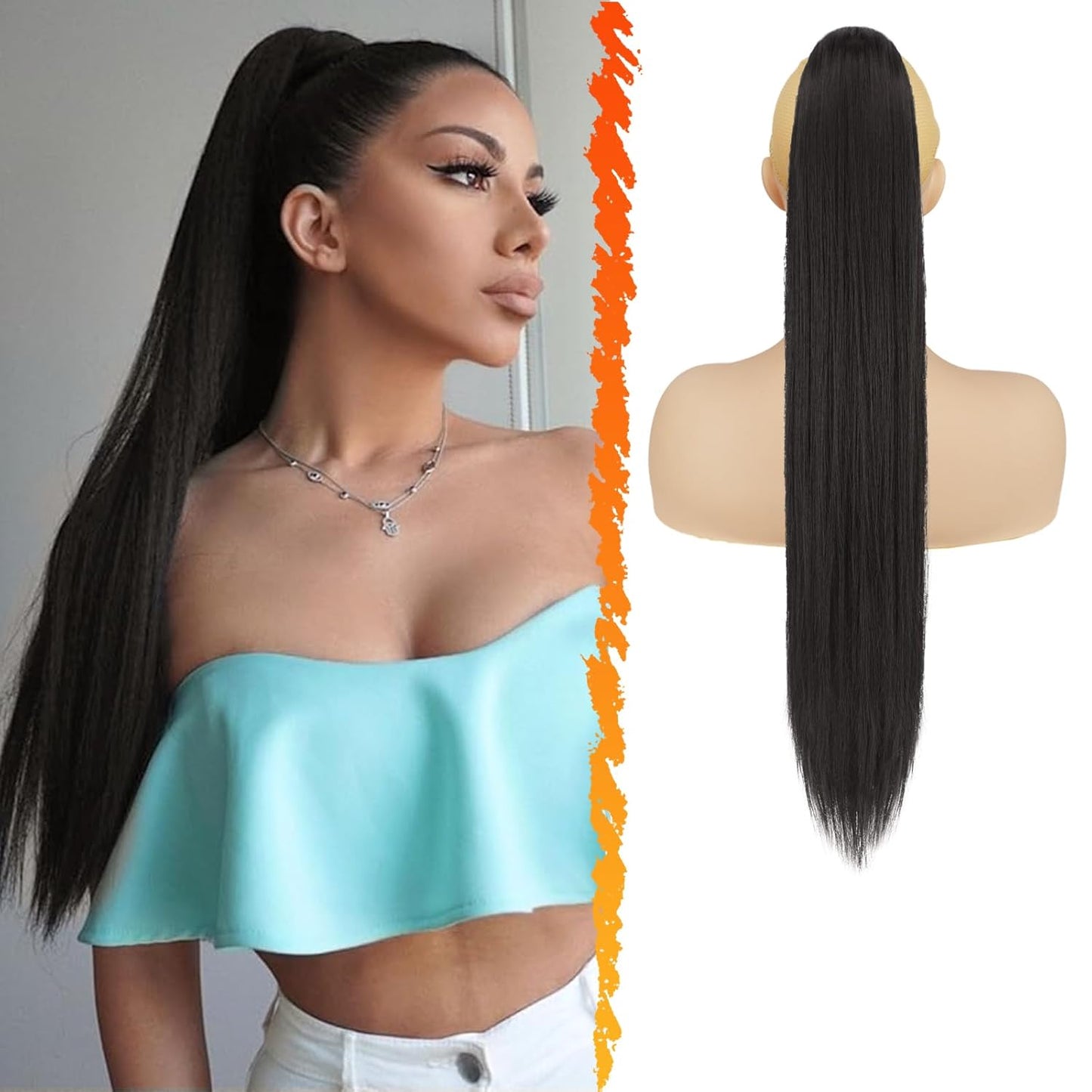 Long Straight Ponytail Extension - 26 Inch Brown Synthetic Clip-In Hairpiece for Women | Light Brown Mixed