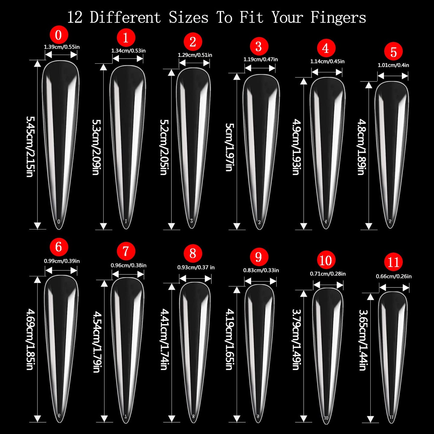Stiletto Nail Tips - 600PCS XXXL Extra Long Full Cover for Acrylic Nails | 12 Sizes Clear Flattened Fake Nails