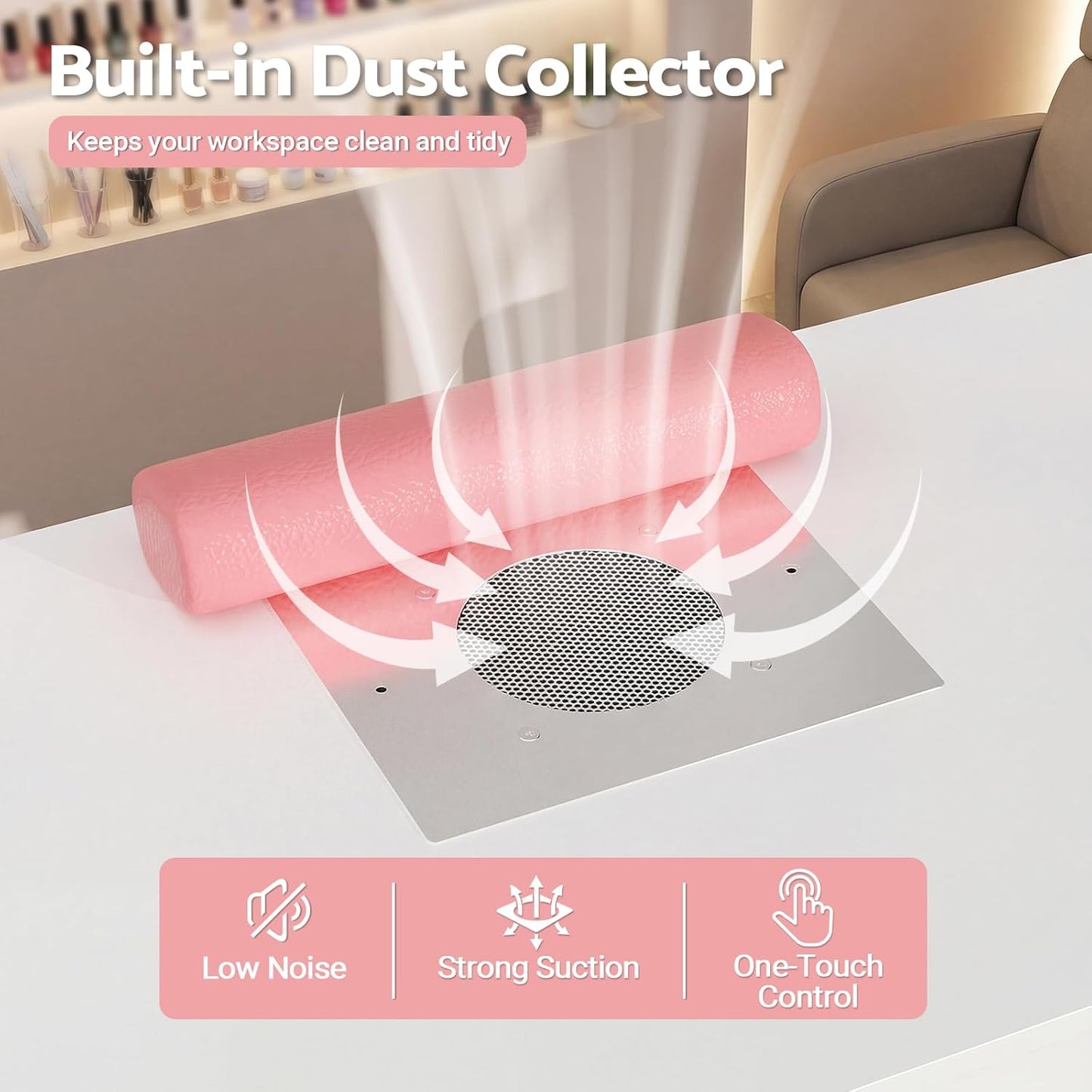 Nail Desk with Dust Collector & LED Lights - Professional Manicure Table for Salon or Home Studio | White with Pink Accents