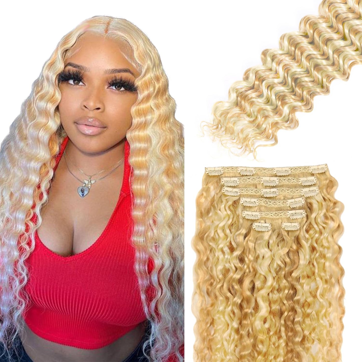 P27613 Blonde Clip in Hair Extensions Real Human Hair, 18 Inch 120g/7Pcs,Full Shine Remy Human Hair,Highlight Blonde Deep Wave Clip ins Brazilian Virgin Human Hair Extensions