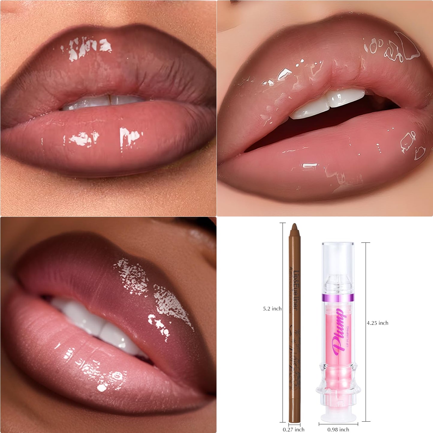 Wugbc Lip kit, Lip Plumper & Lip Liner, Natural Spicy Plumping Lip Gloss Oil Hydrating Lip Combo Glossy Finish Smooth Non-sticky Lip Liner and Gloss Set for Enhancing Lips Appearance