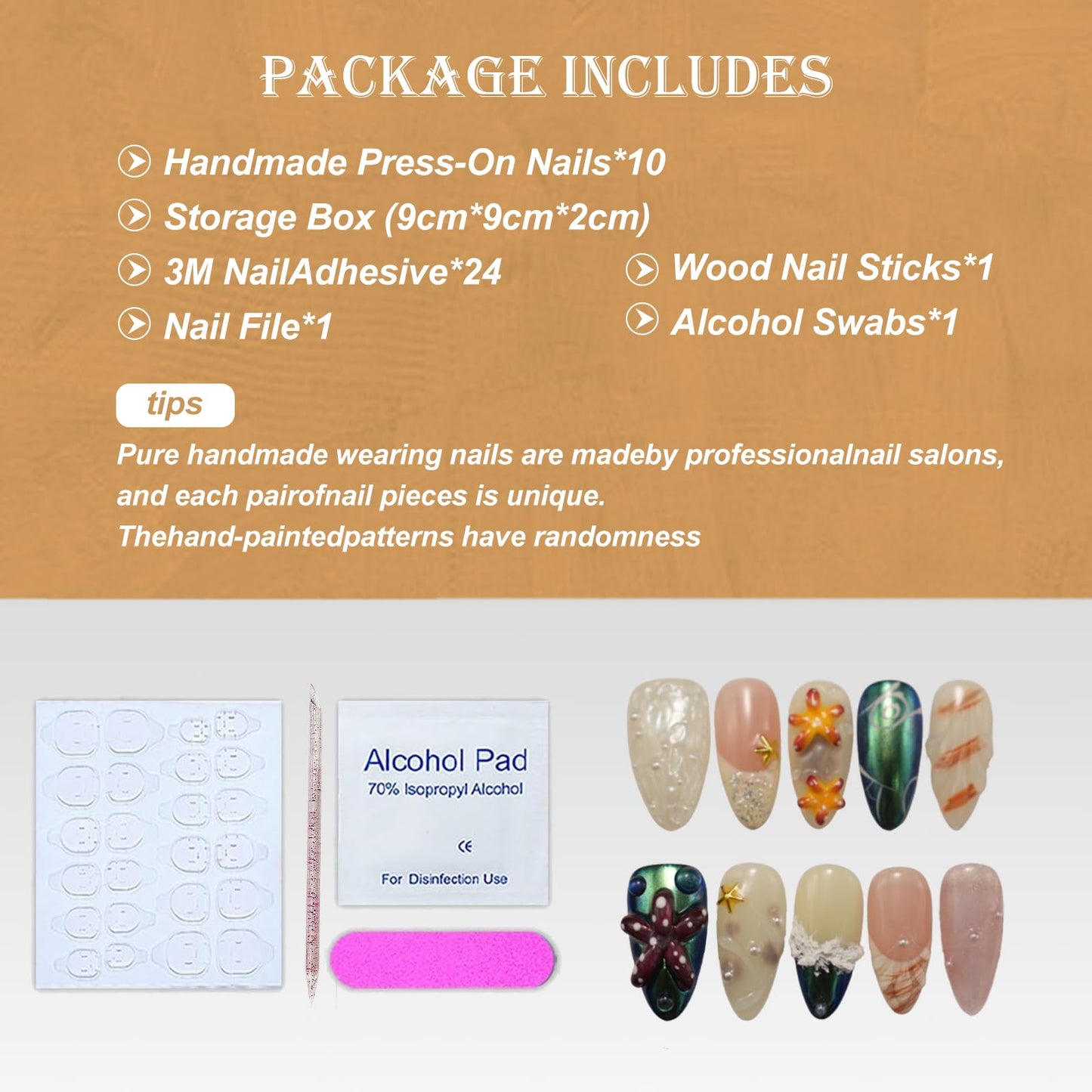 Brown French Tip Press On Nails Medium Almond ，3D Metallic Rhinestones style Design Handmade Press On Nails ，Reusable Glam Art Acrylic False Nails (10 PCS) M SIZE