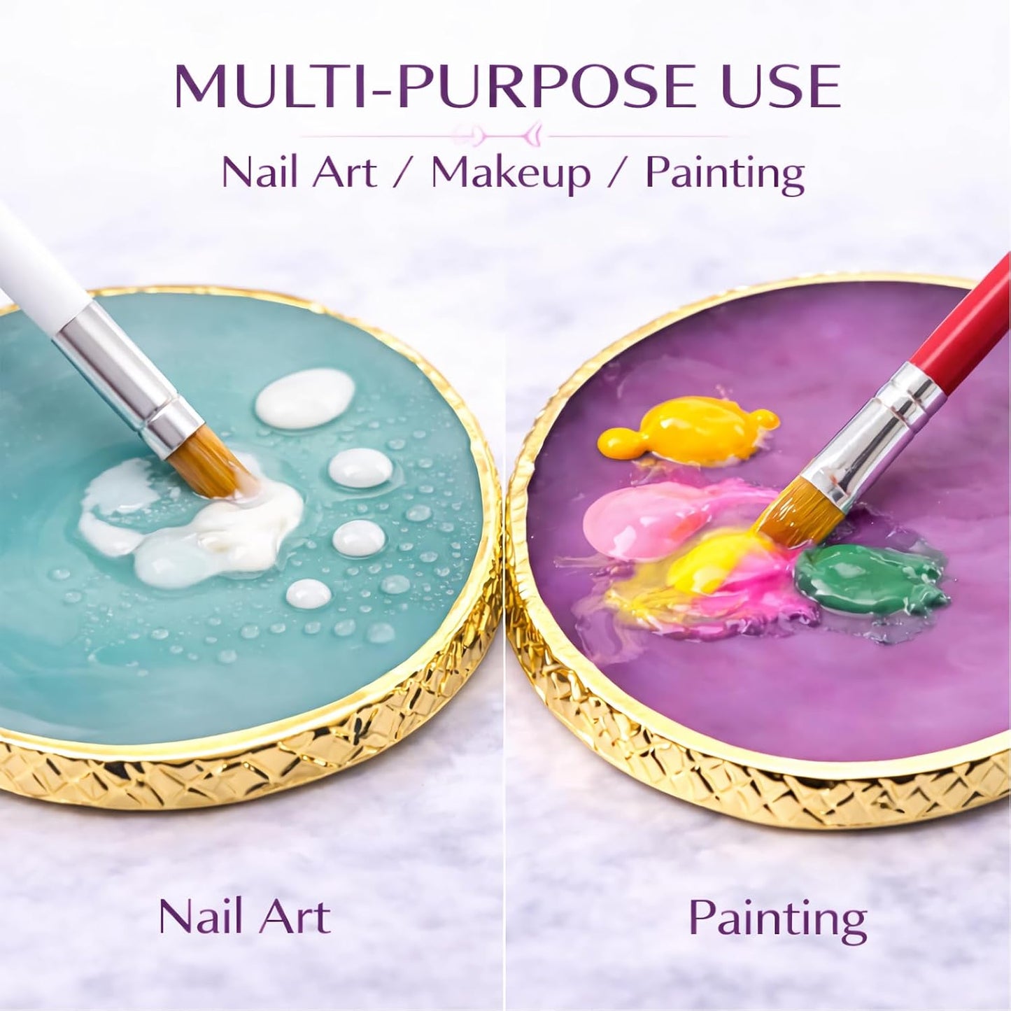 Resin Nail Art Palette - Gel Polish Mixing Board with Gold Edge | Green & Purple