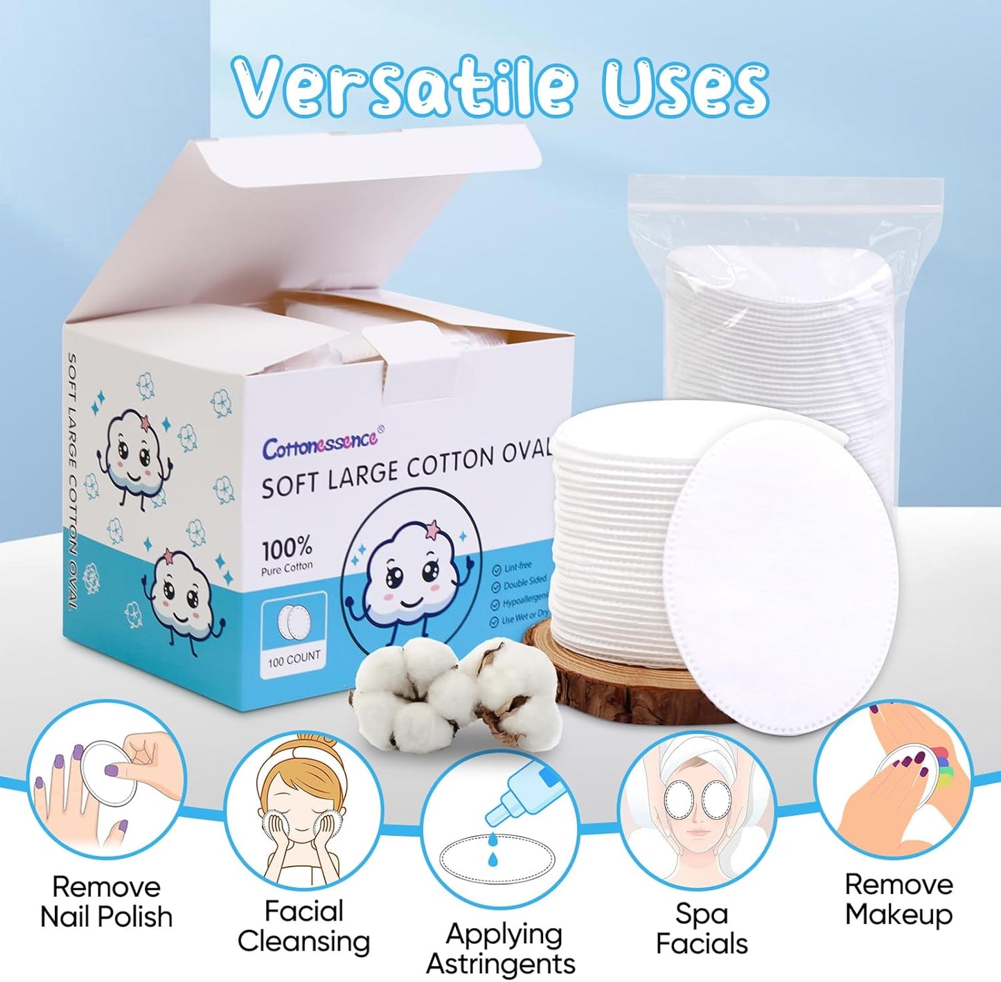Oval Cotton Pads - 100% Pure Cotton, Gentle for Babies | Lint-Free, Hypoallergenic, Soft Texture, 100-Count