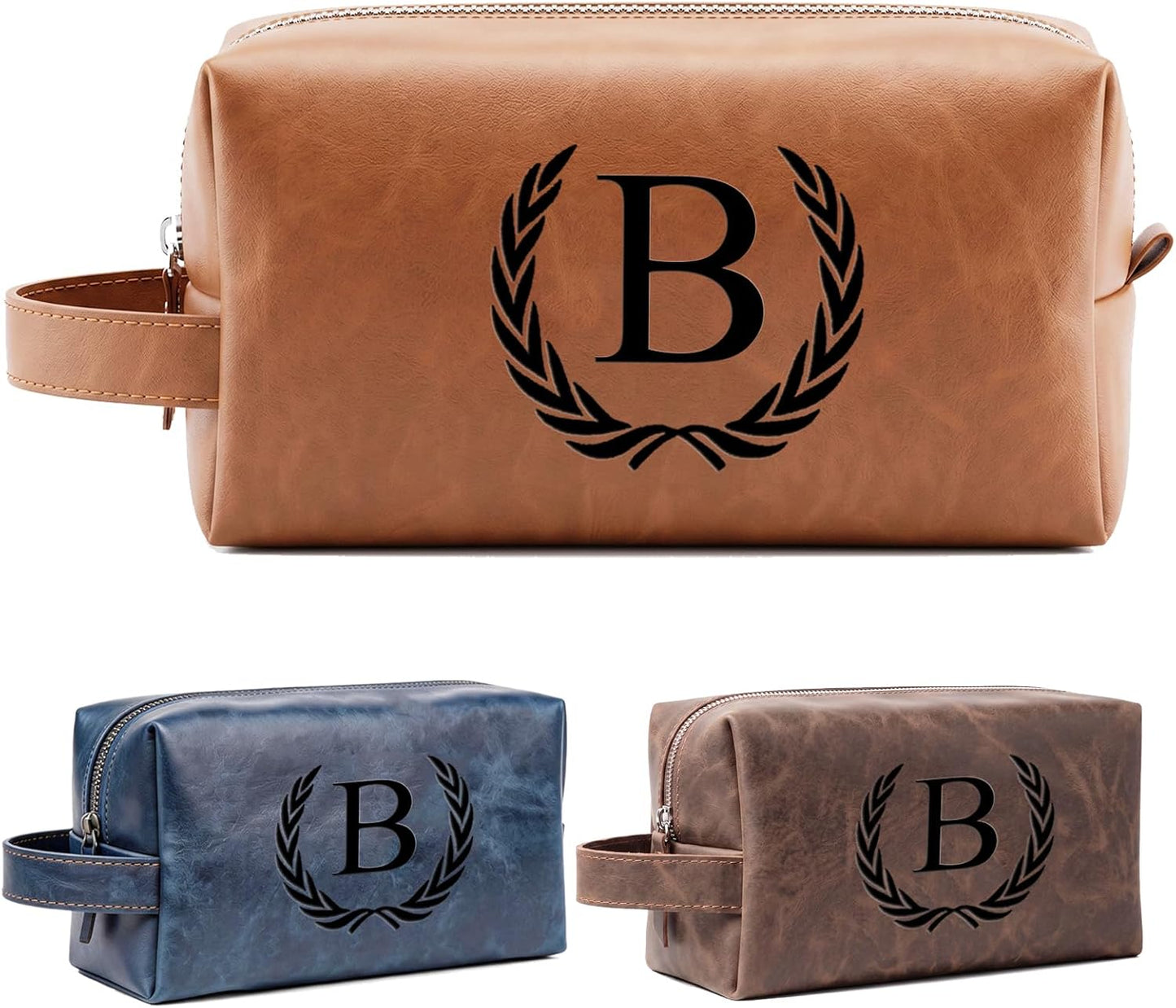 Personalized Leather Toiletry Bag for Men | Engraved Initial Waterproof Travel Bag - Dark Brown
