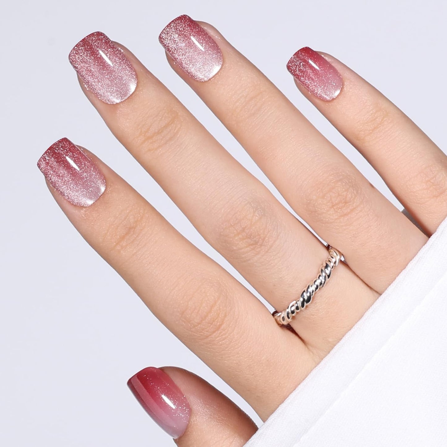 Red Cat Eye Press On Nails - Almond Short Reusable Fake Nails | 32pcs in 16 Sizes, Garnet Color