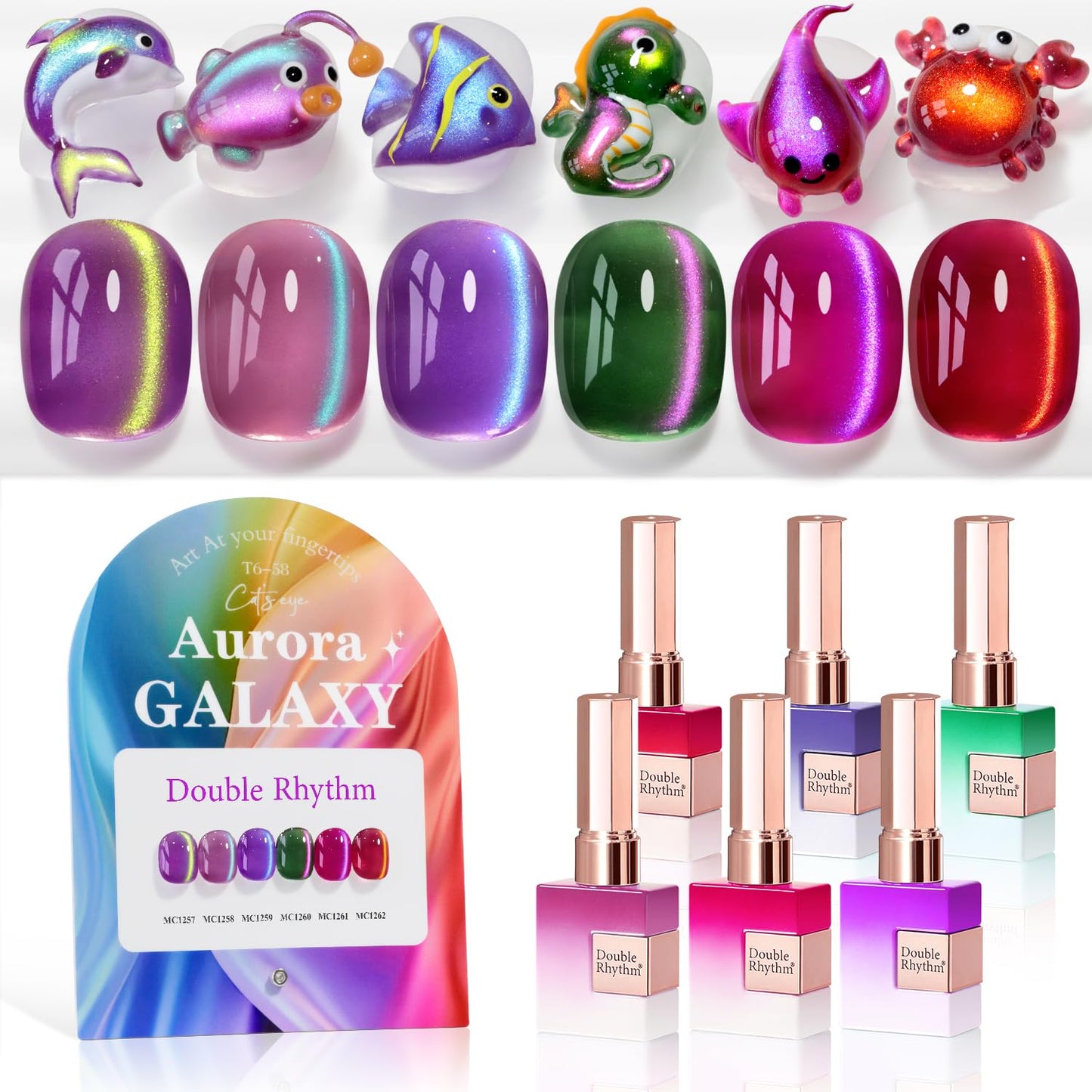 Double Rhythm Cat Eye Gel Nail Polish Set of 6 Same Color Same Bottle 0.5 Oz Shimmer Glitter with Magnet Holographic Reflective Magnetic UV Nail Polish Kit at Home