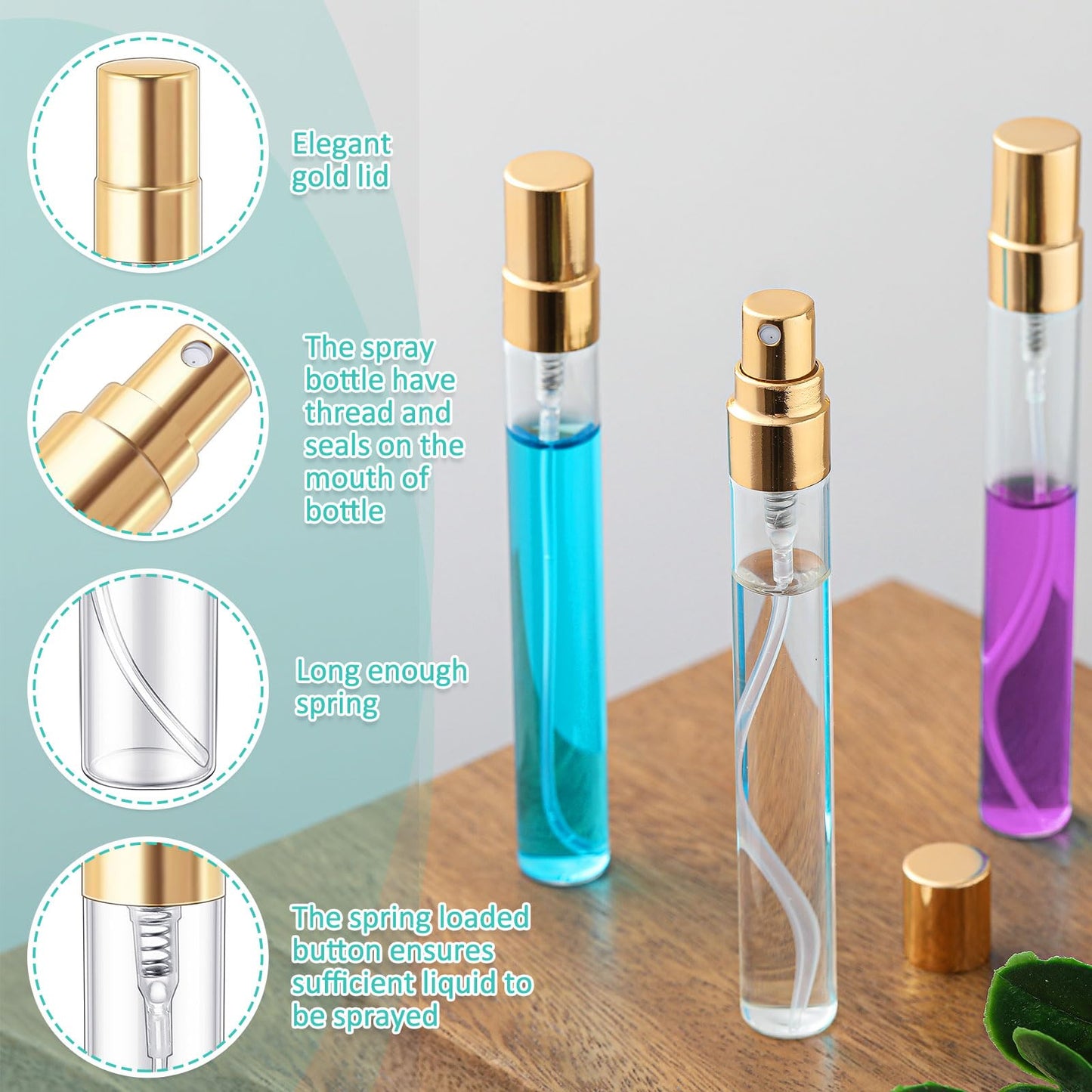 Zhehao 200 Pcs Mini Spray Bottles 10 ml Clear Glass Perfume Bottles Refillable Fine Mist Perfume Atomizer Portable Empty Sample Containers for Cleaning, Essential Oils, Travel (Gold Cap)