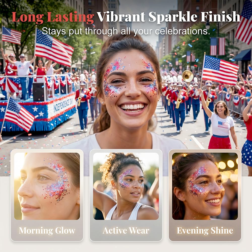 4th of July Glitter Stick, 2026 New Red, White & Blue Body & Hair Sparkle for 4th of July, Patriotic Red White and Blue Body Glitter Stick Makeup for Independence Day 250 Anniversary (Blue Silver)