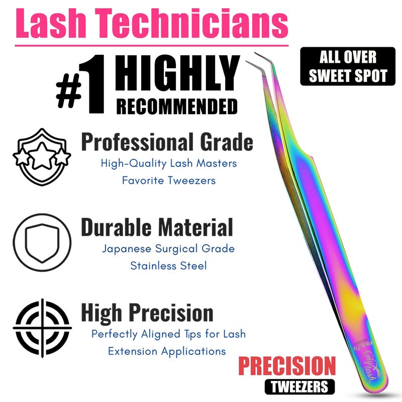 Fiber Tip Lash Tweezer for Eyelash Extensions – Curved 45 Degree Volume Tweezers for Women, Precision Stainless Steel, Professional Non Slip Grip for Classic, Volume & Mega Volume Fans (Rainbow)