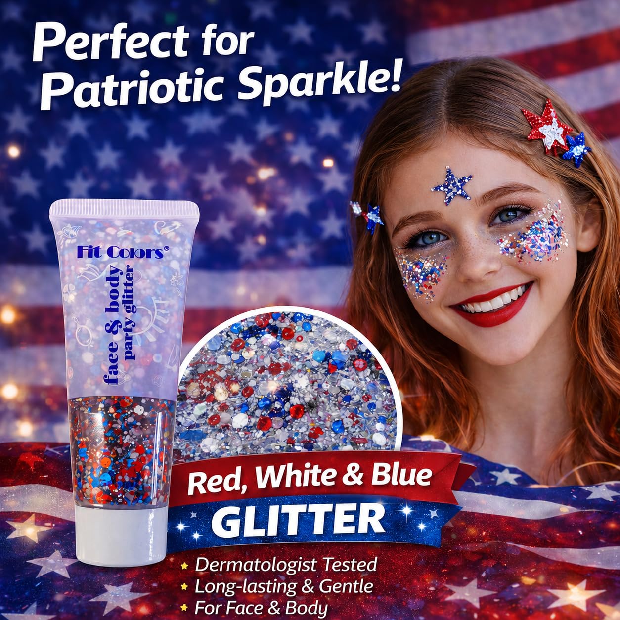 Patriotic Red White and Blue Face Hair Glitter Gel, 4th of July Accessories 100ml Sparkling Hair Body Glitter for Women Kids Makeup World Cup Team USA Independence Day Celebration(USA+USA)