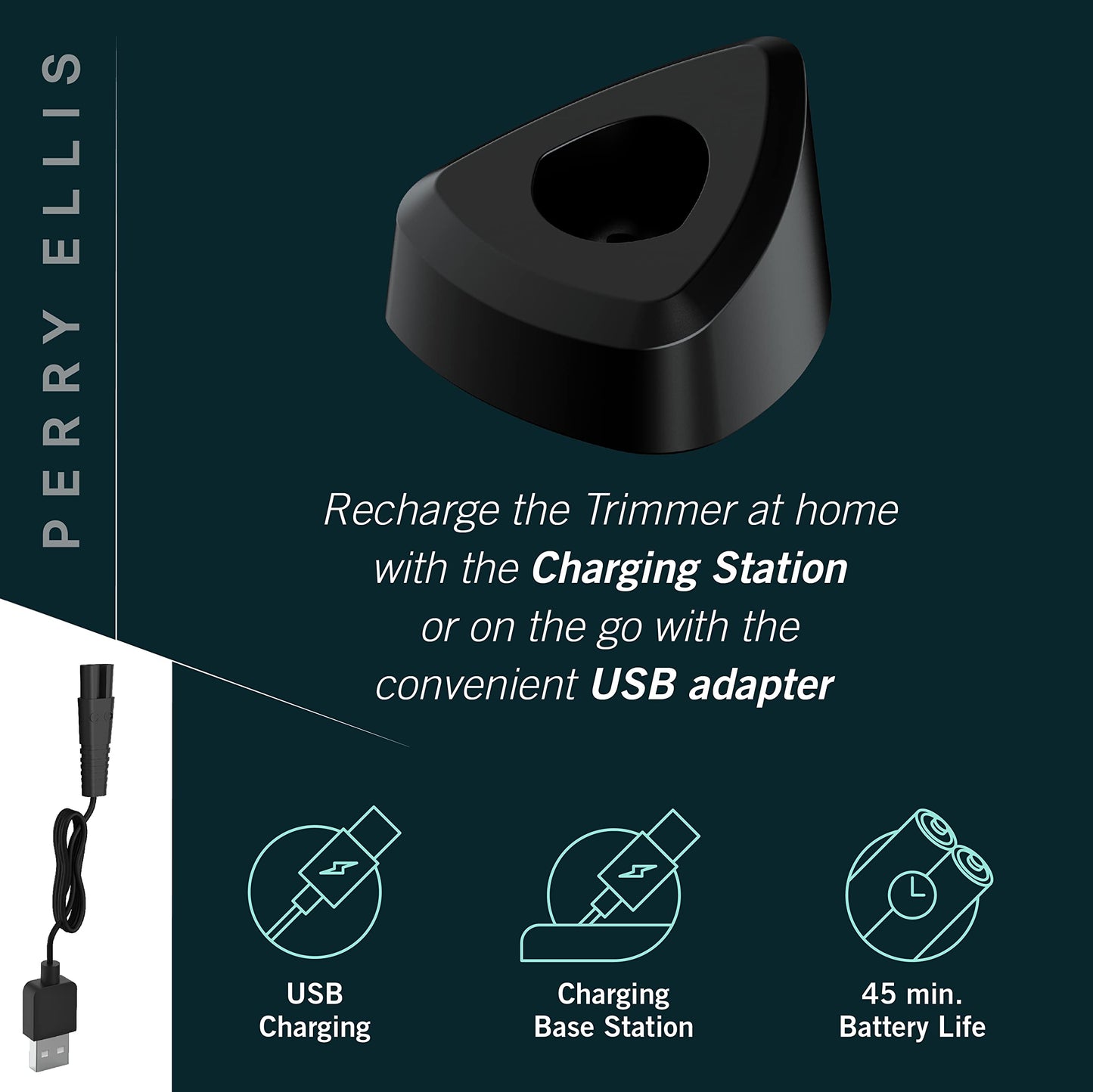 Perry Ellis Precision Trimmer for Men Cordless Electric Hair Clipper with Adjustable Dial 1–20mm, Beard & Mustache Grooming Kit, Charging Stand, USB Adapter, 45 Min Runtime, Cleaning Kit Included