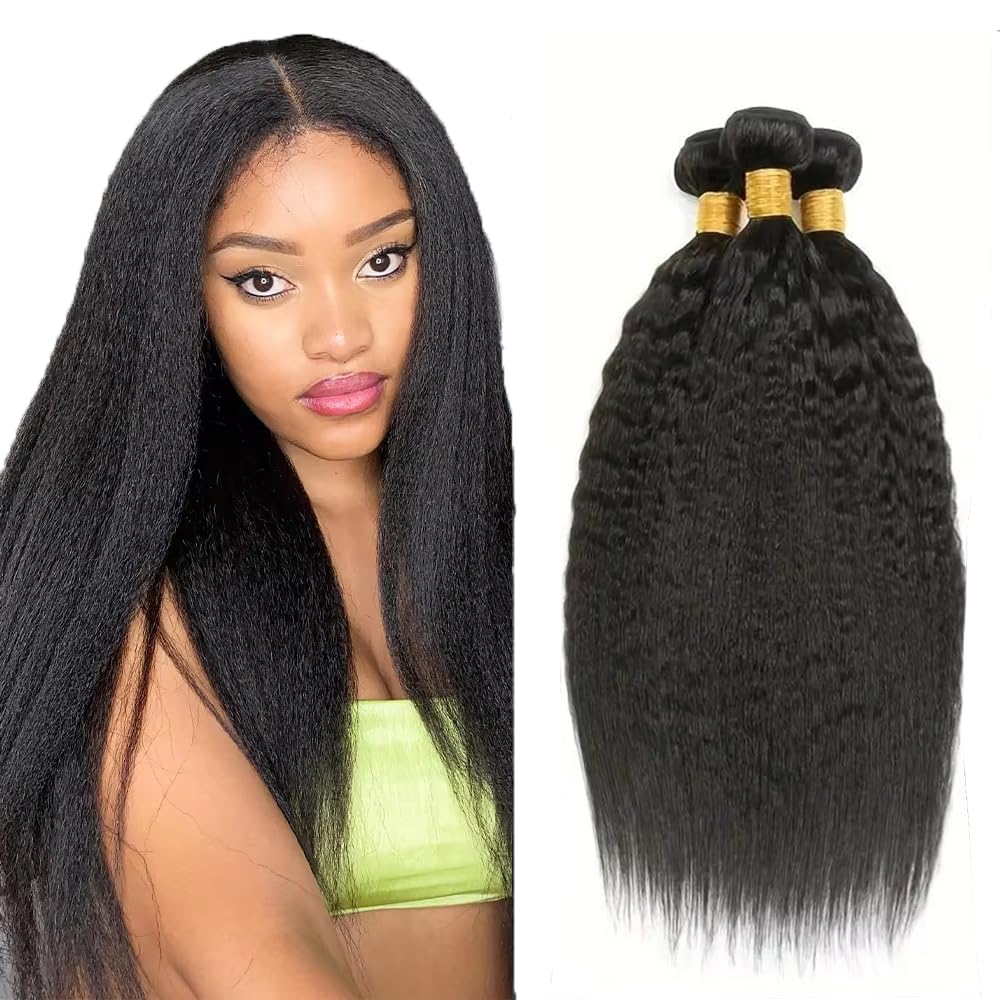 Yaki Straight Human Hair Bundles kinky Straight Bundles Kinkystraight Human Hair Bundle LadrXadr Kinky Yaki Bundle 1B Color 150g 16 18 20 Inch