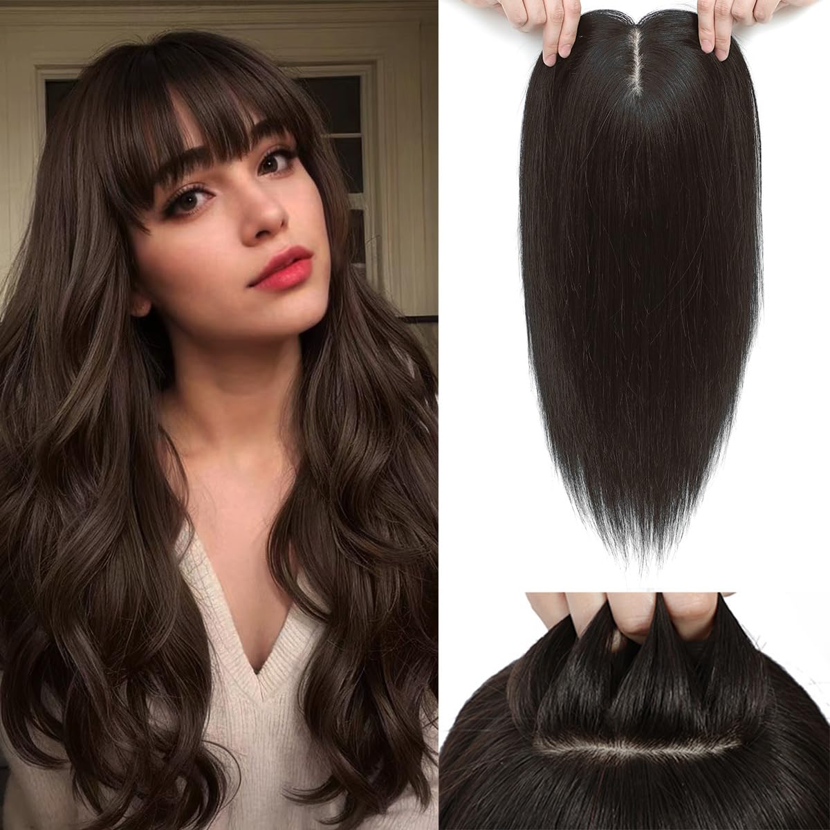 Aimeolyn Hair Toppers for Women - Real Human Hair 12-Inch Wiglets with Bangs | Natural Skin Scalp for Thinning Hair