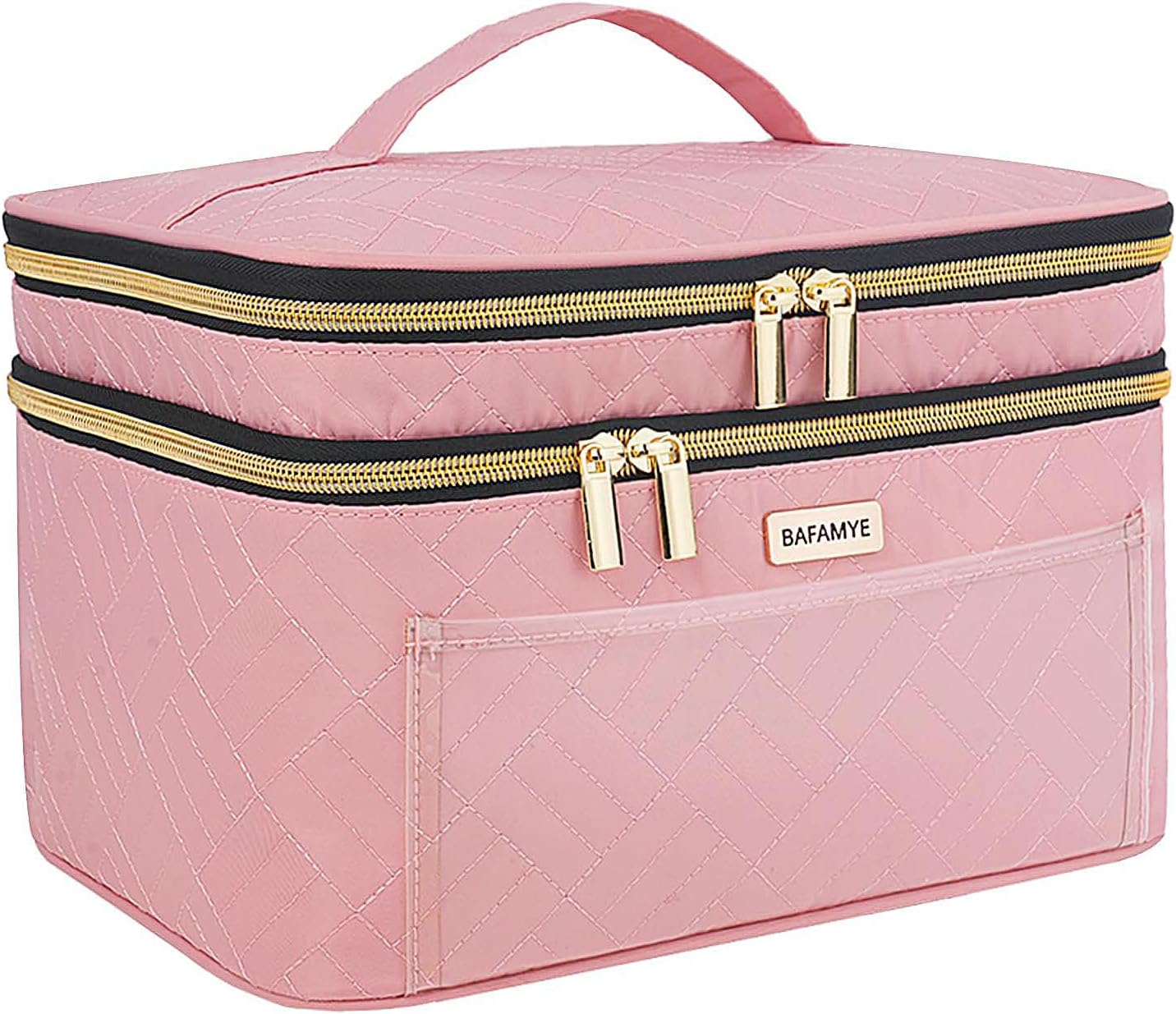 Double Layer Travel Makeup Bag With Mirror - 8.8L Large Cosmetic Organizer for Women | Brown