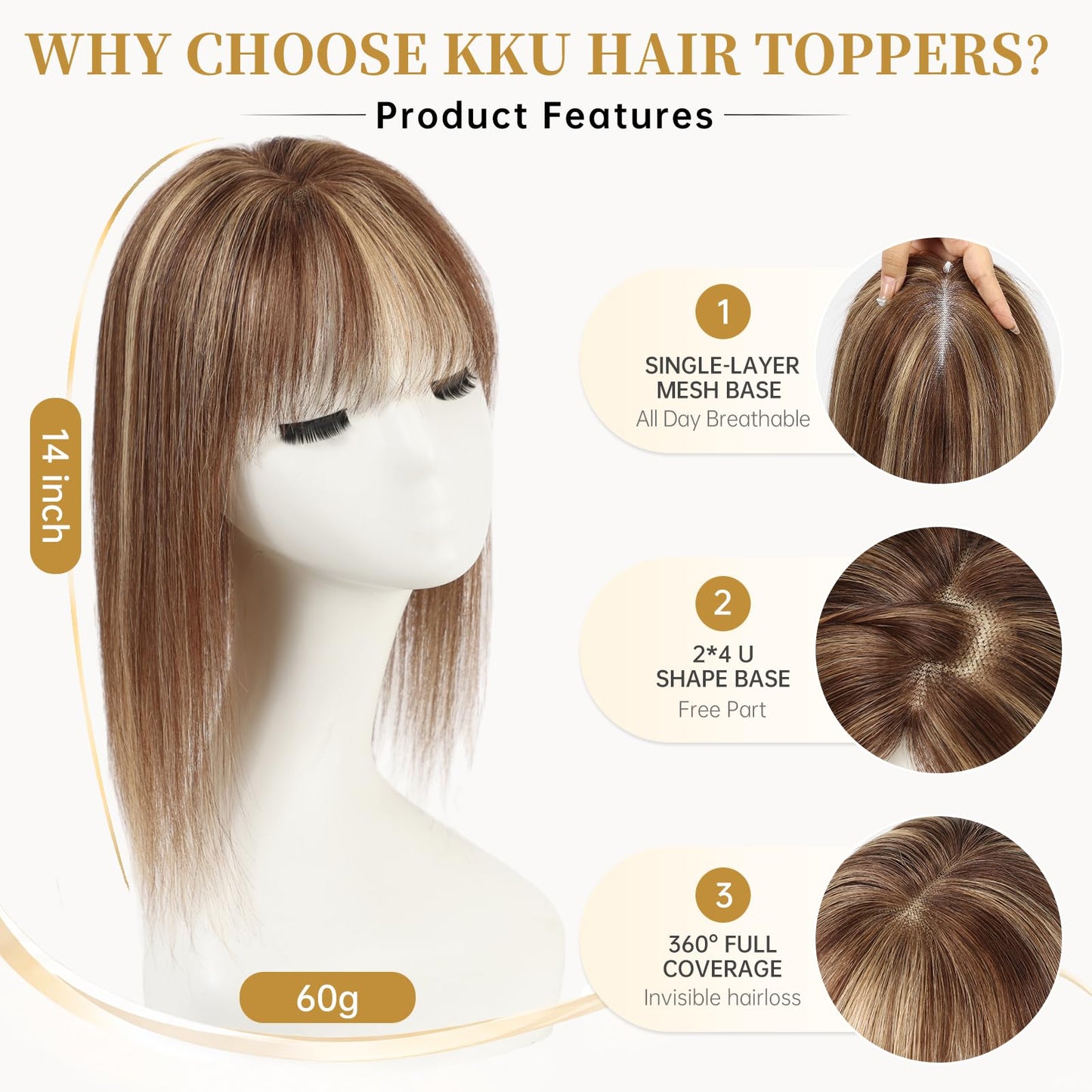 Wear but free KKU Hair Toppers for Women Real Human Hair, 6" × 5" Lager Swiss Lace Base 100% Human Hair Toppers for Women, Covering Thining Hair(14Inch with Bangs,Mixed Brown)