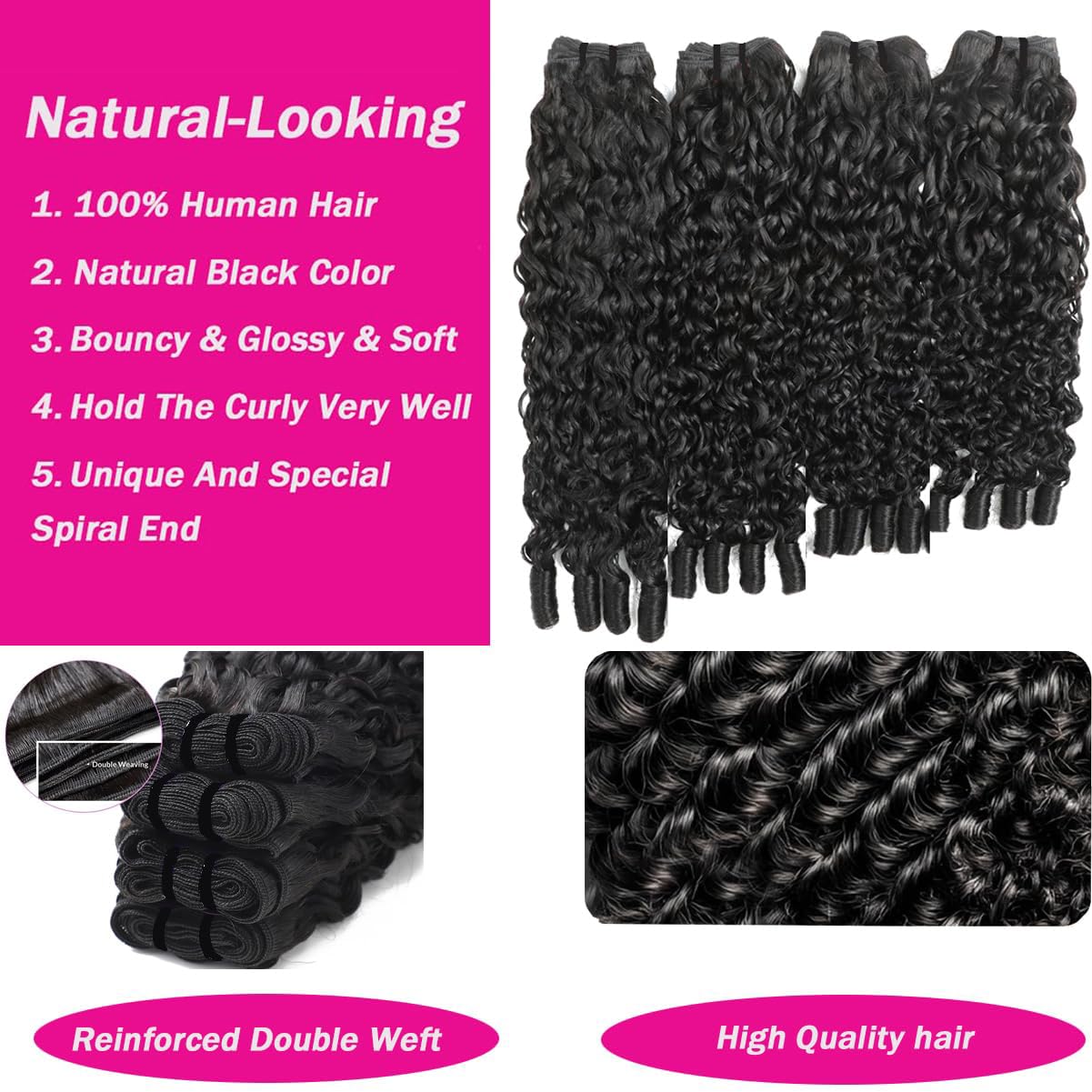 Burmese Curly Bundles Human Hair 20 22 24 Inch 3C4A 100% Unprocessed Raw Virgin Human Hair for Black Women Natural Black 12A Water Wave Double Weft with Spiral Curly End (3 Bundles)